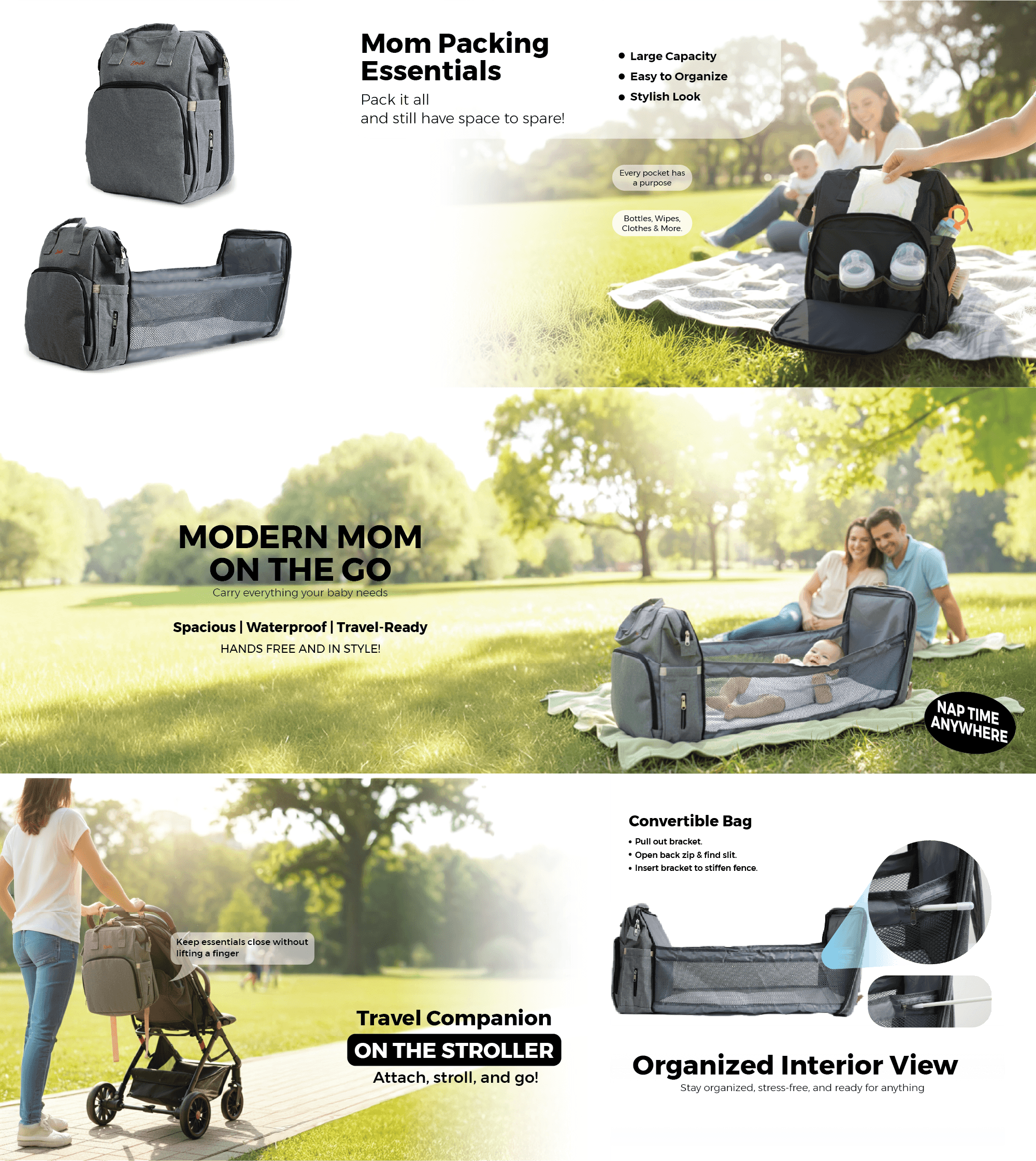 2-in-1 Baby Diaper Bag Backpack with a Foldable Crib for Your Baby, Multifunction Diapers Changing Station for Boys Girls Outdoor and Travel, Large Capacity - Grey