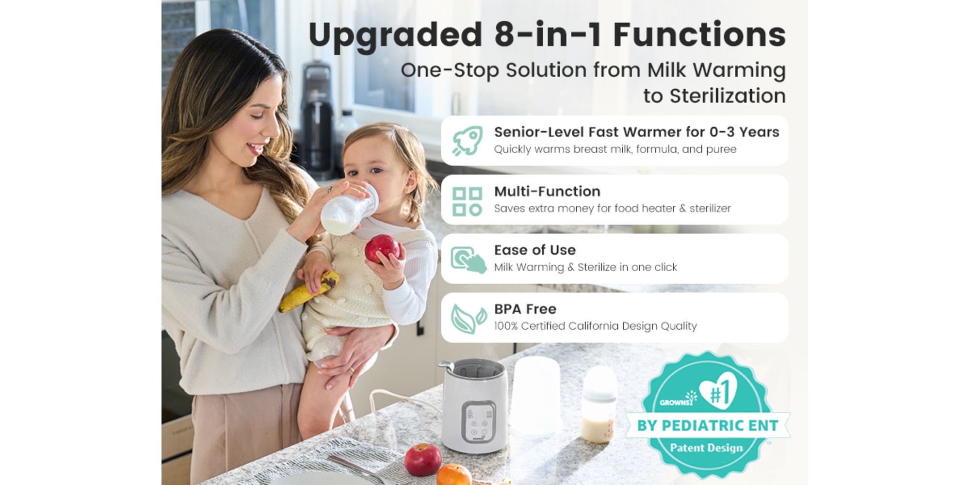 8-in-1 Fast Baby Milk Warmer with Timer for Breastmilk or Formula, Accurate Temperature Control, with Defrost, Sterili-zing, Keep, Heat Baby Food Jars Function