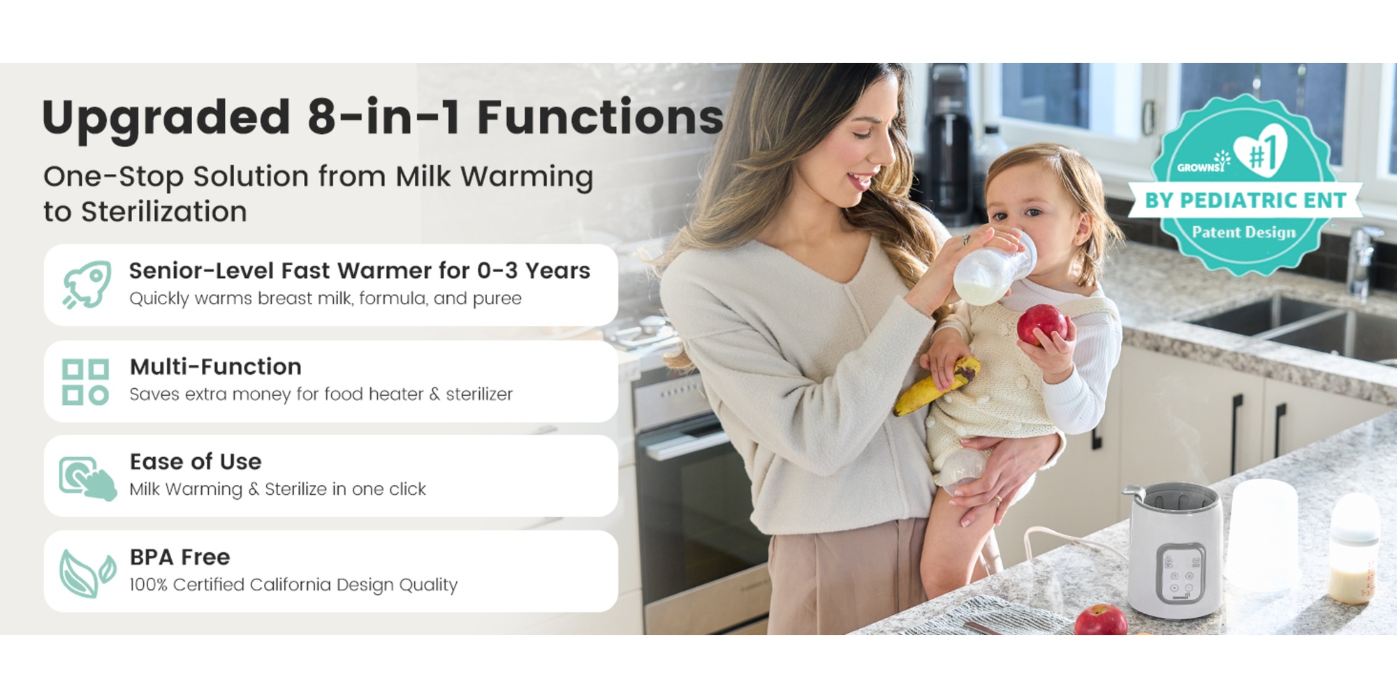 8-in-1 Fast Baby Milk Warmer with Timer for Breastmilk or Formula, Accurate Temperature Control, with Defrost, Sterili-zing, Keep, Heat Baby Food Jars Function