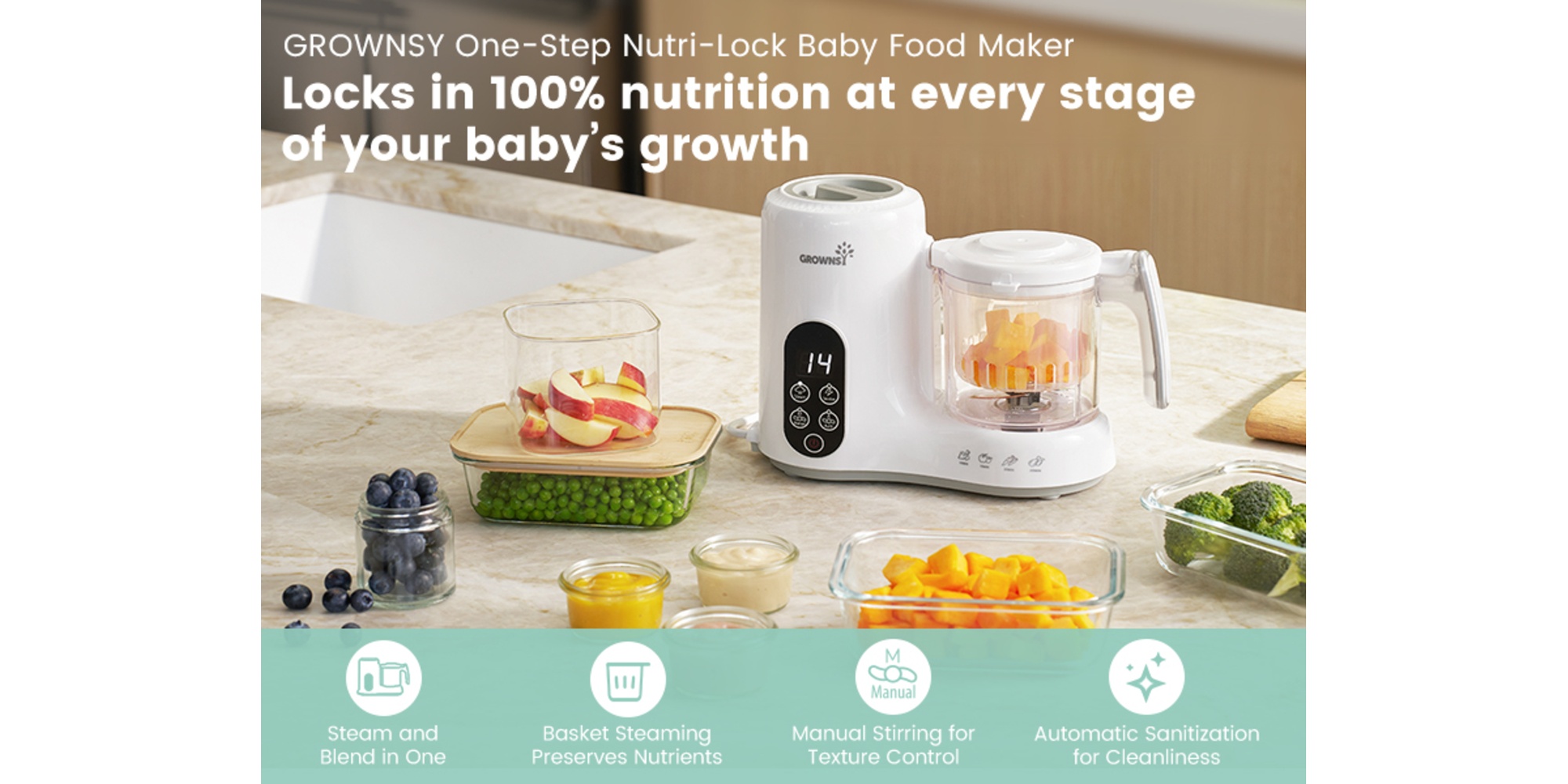 Baby Food Maker with Steam Basket, One Step Baby Food Processor Steamer Puree Blender Grinder Mills Machine, Auto Cooking Grinding and Sterili-zing for Healthy Homemade Baby Food, BPA-Free