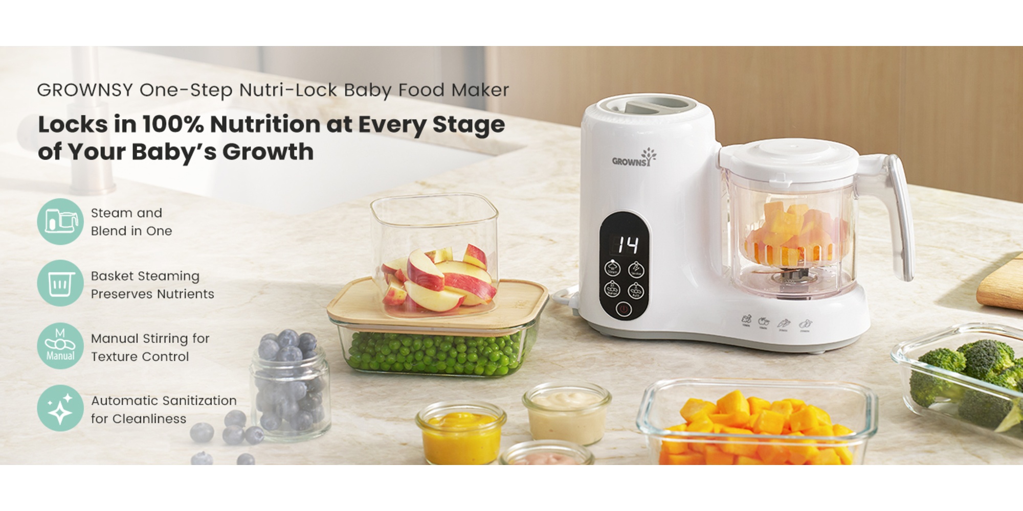 Baby Food Maker with Steam Basket, One Step Baby Food Processor Steamer Puree Blender Grinder Mills Machine, Auto Cooking Grinding and Sterili-zing for Healthy Homemade Baby Food, BPA-Free