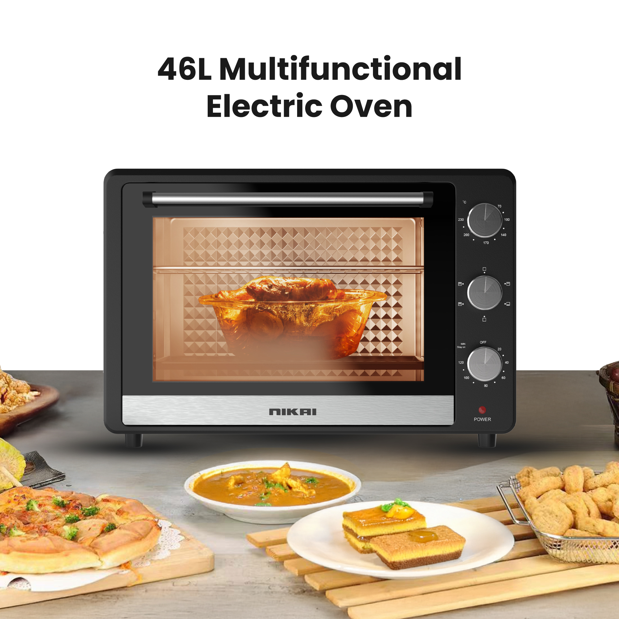 46L Electric Oven, 1800W Power, Adjustable Temperature, 7 Heating Stages, 60-Min Timer with Bell Ring, Indicator Light, Keep Warm Function, High-Efficiency Heating, Accessories Included - 46 L 1800 W NT655N2/ NT655RX2 Black