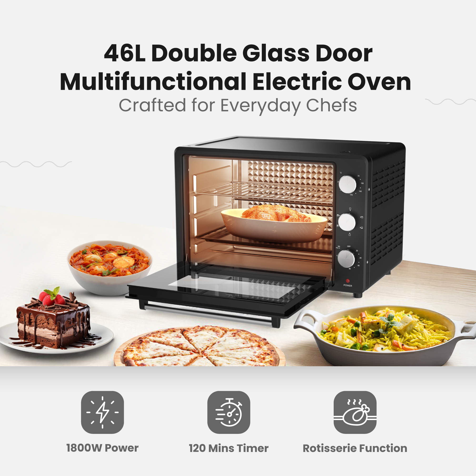 46L Electric Oven, 1800W Power, Adjustable Temperature, 7 Heating Stages, 60-Min Timer with Bell Ring, Indicator Light, Keep Warm Function, High-Efficiency Heating, Accessories Included - 46 L 1800 W NT655N2/ NT655RX2 Black