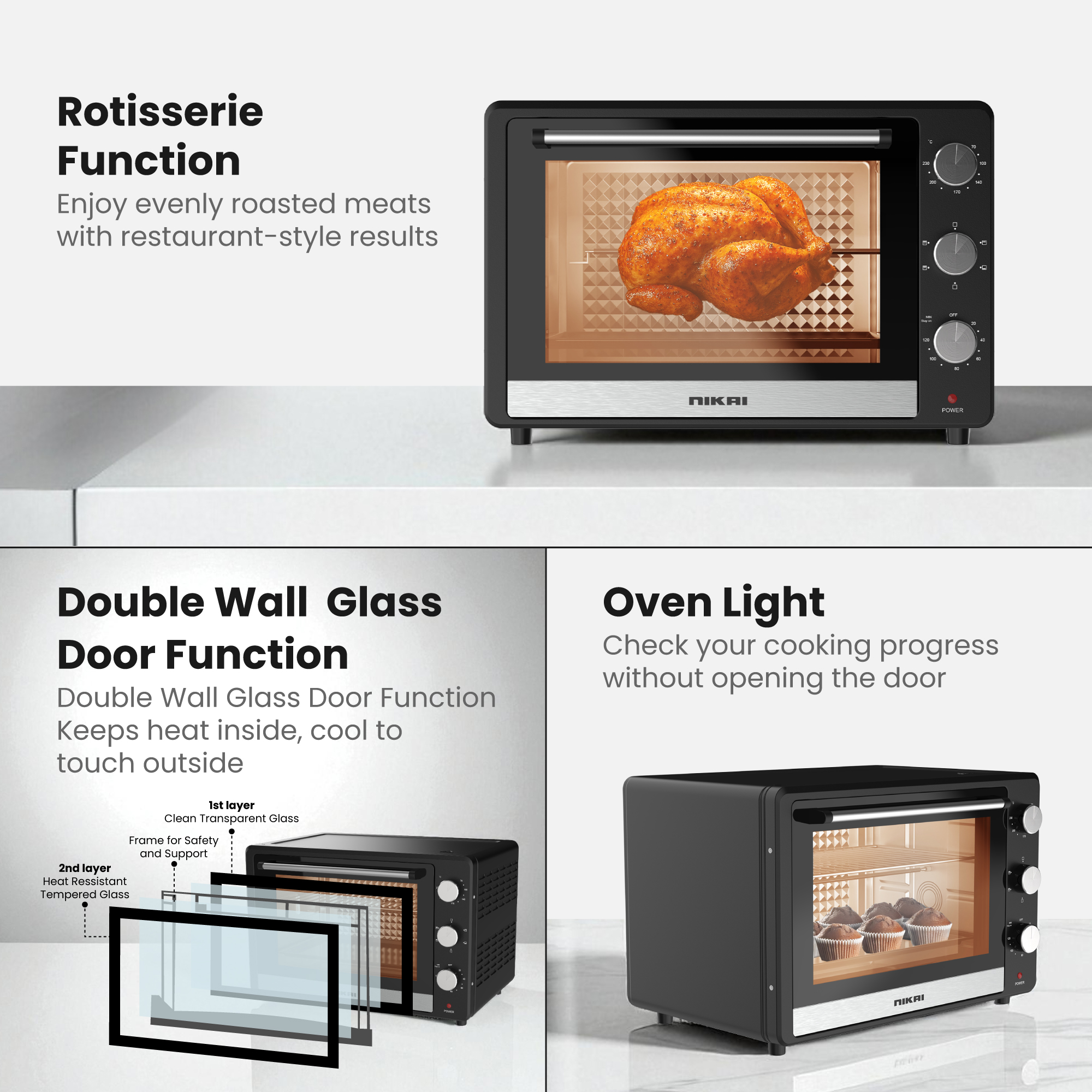 46L Electric Oven, 1800W Power, Adjustable Temperature, 7 Heating Stages, 60-Min Timer with Bell Ring, Indicator Light, Keep Warm Function, High-Efficiency Heating, Accessories Included - 46 L 1800 W NT655N2/ NT655RX2 Black