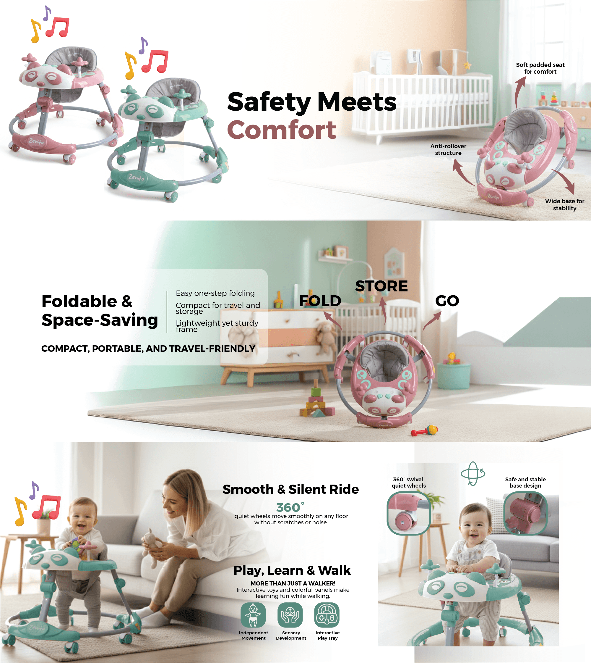 Baby Walker - Activity & First Steps Aid with Music, Lights & Toys | Adjustable Height, Comfortable Seat & Sturdy Wheels | Foldable Baby Walking Trainer for Infants & Toddlers - Multicolor