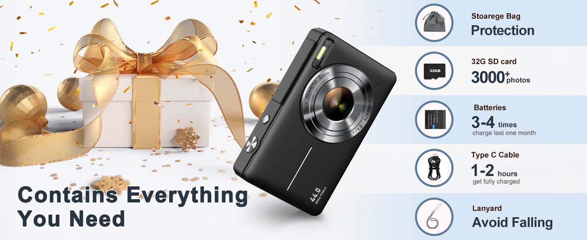Digital Camera - 50 Megapixels HD, 4K Video Recording, 16x Optical Zoom, Anti-Shake Functionality, Perfect for Teenagers and Children, Includes 32GB SD Card