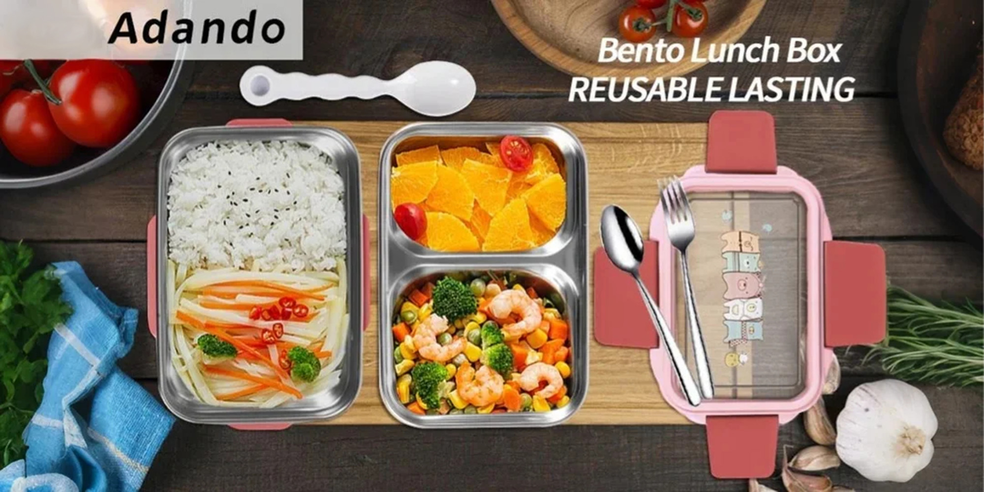 Adando Stainless Steel Lunch Box -1100ml Double Layer Microwave-Safe Bento Containers - 304 Insulated Lunch Box Insulated Leakproof - Cartoon Cute Lunch Box Ideal for Students School Toddler Kids Boys Girls with Stainless Steel Cutlery