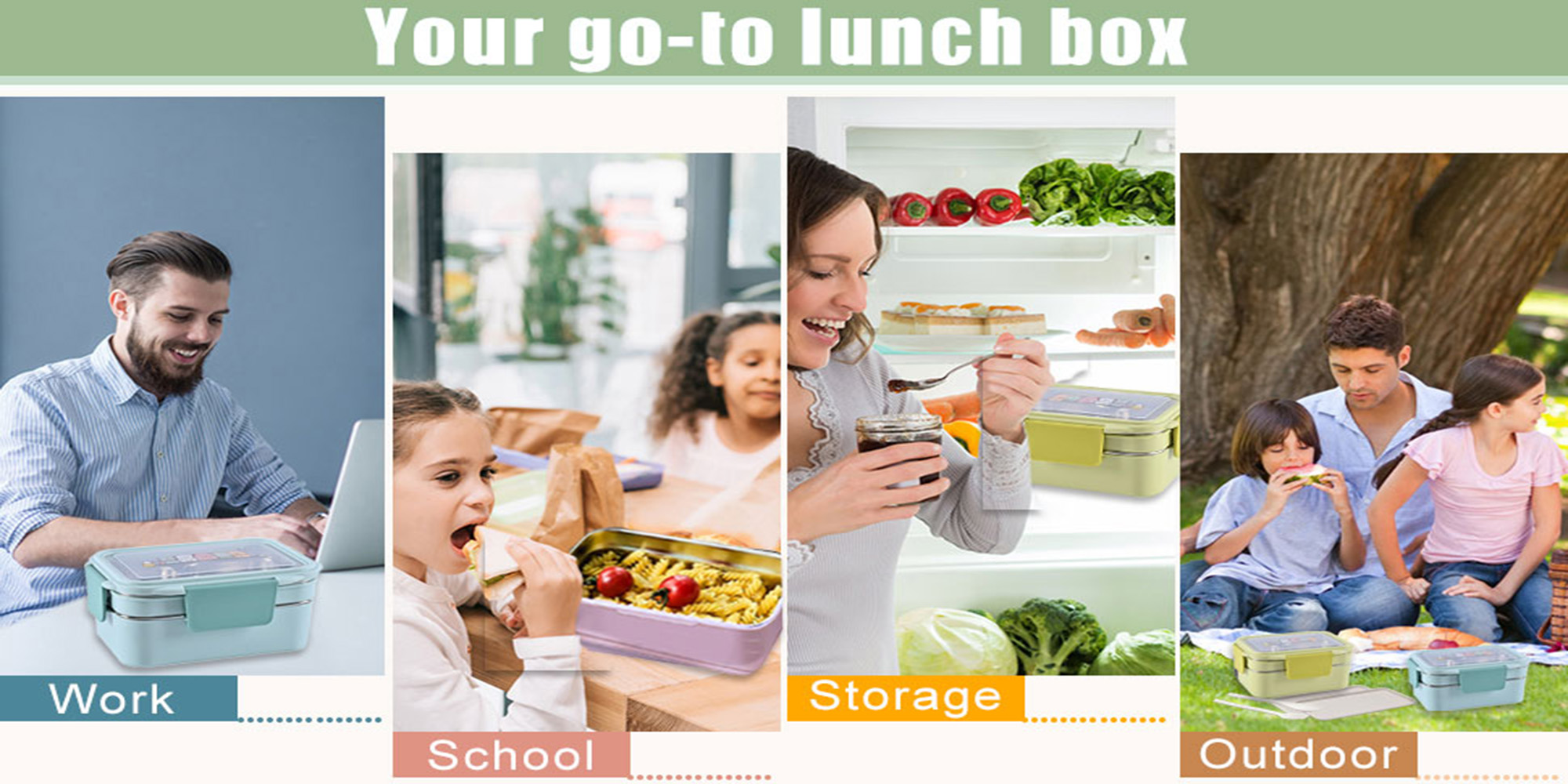 Adando Stainless Steel Lunch Box -1100ml Double Layer Microwave-Safe Bento Containers - 304 Insulated Lunch Box Insulated Leakproof - Cartoon Cute Lunch Box Ideal for Students School Toddler Kids Boys Girls with Stainless Steel Cutlery
