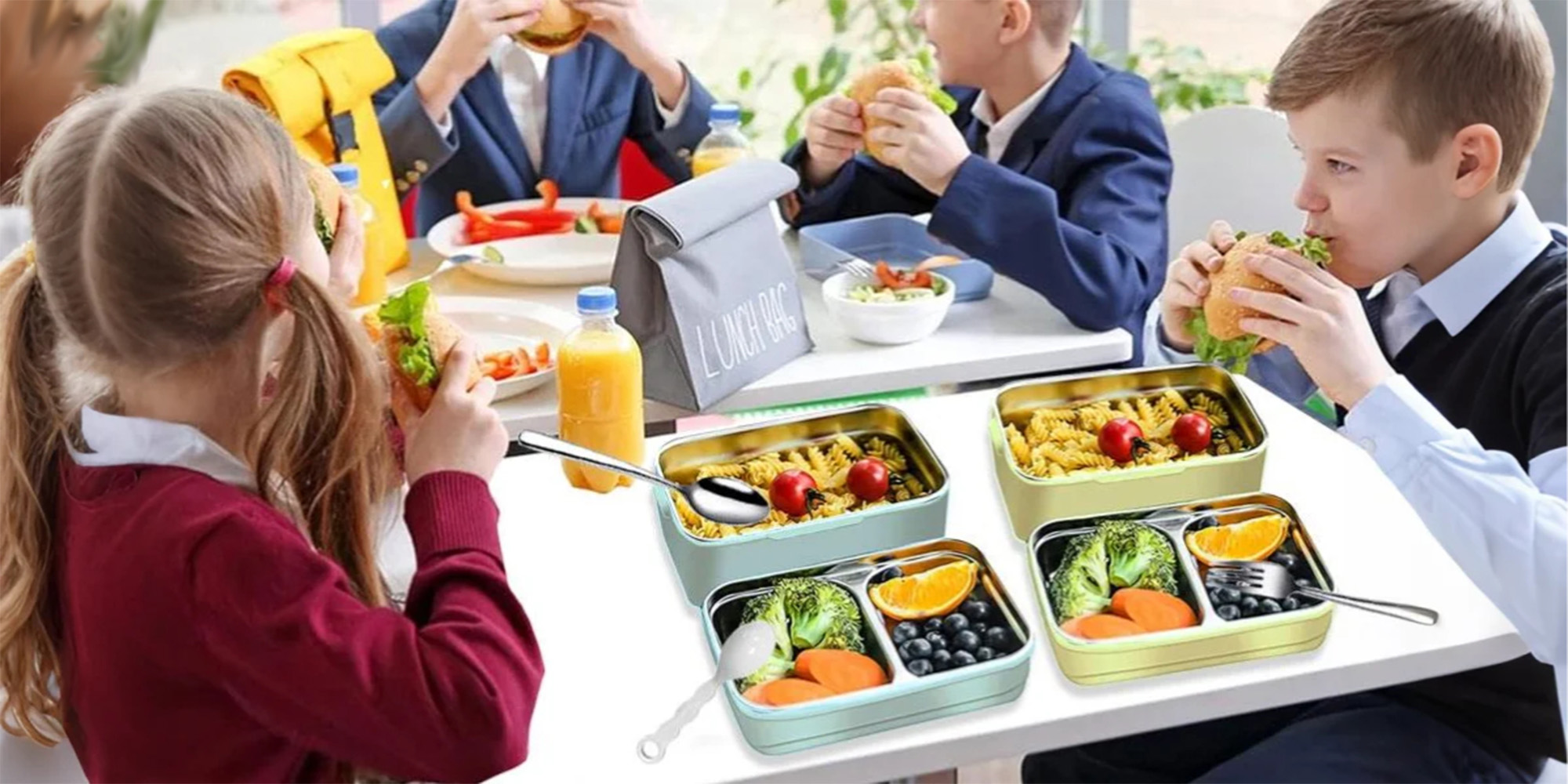 Adando Stainless Steel Lunch Box -1100ml Double Layer Microwave-Safe Bento Containers - 304 Insulated Lunch Box Insulated Leakproof - Cartoon Cute Lunch Box Ideal for Students School Toddler Kids Boys Girls with Stainless Steel Cutlery