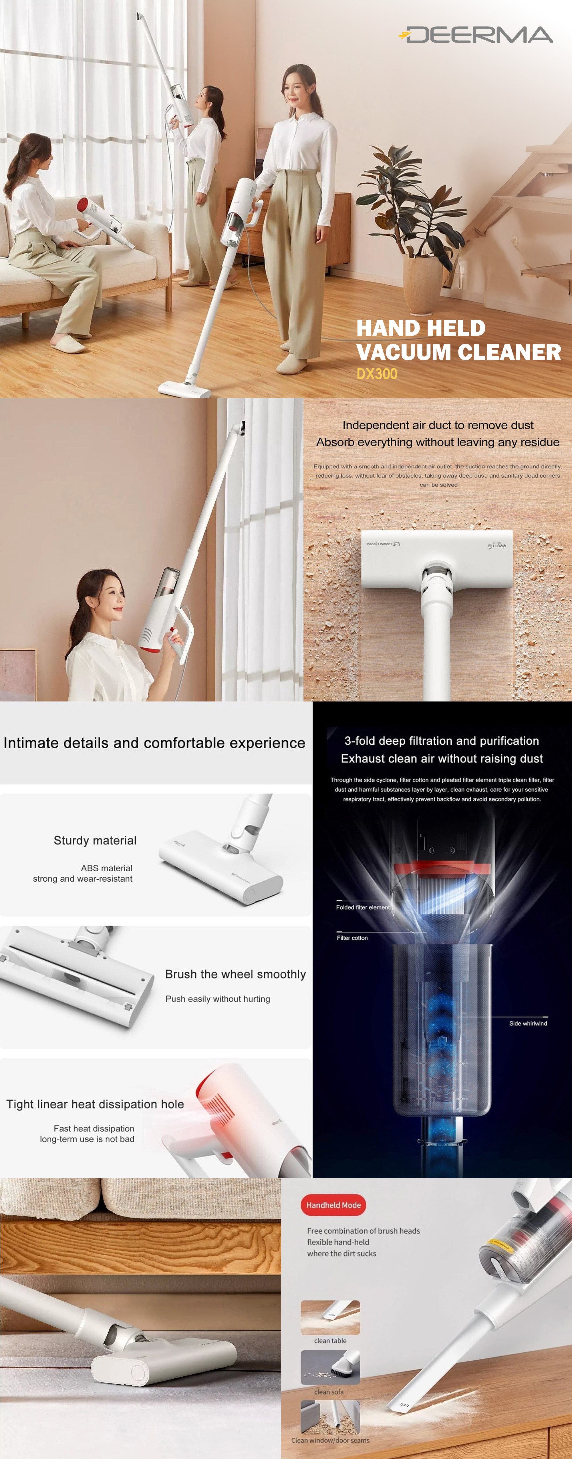 Convenient Handheld Vacuum Cleaner 600W Household Strength Dust Collector Home Aspirator with 3-Fold Deep Filtration and Purification 15000Pa 600 W DX300 White