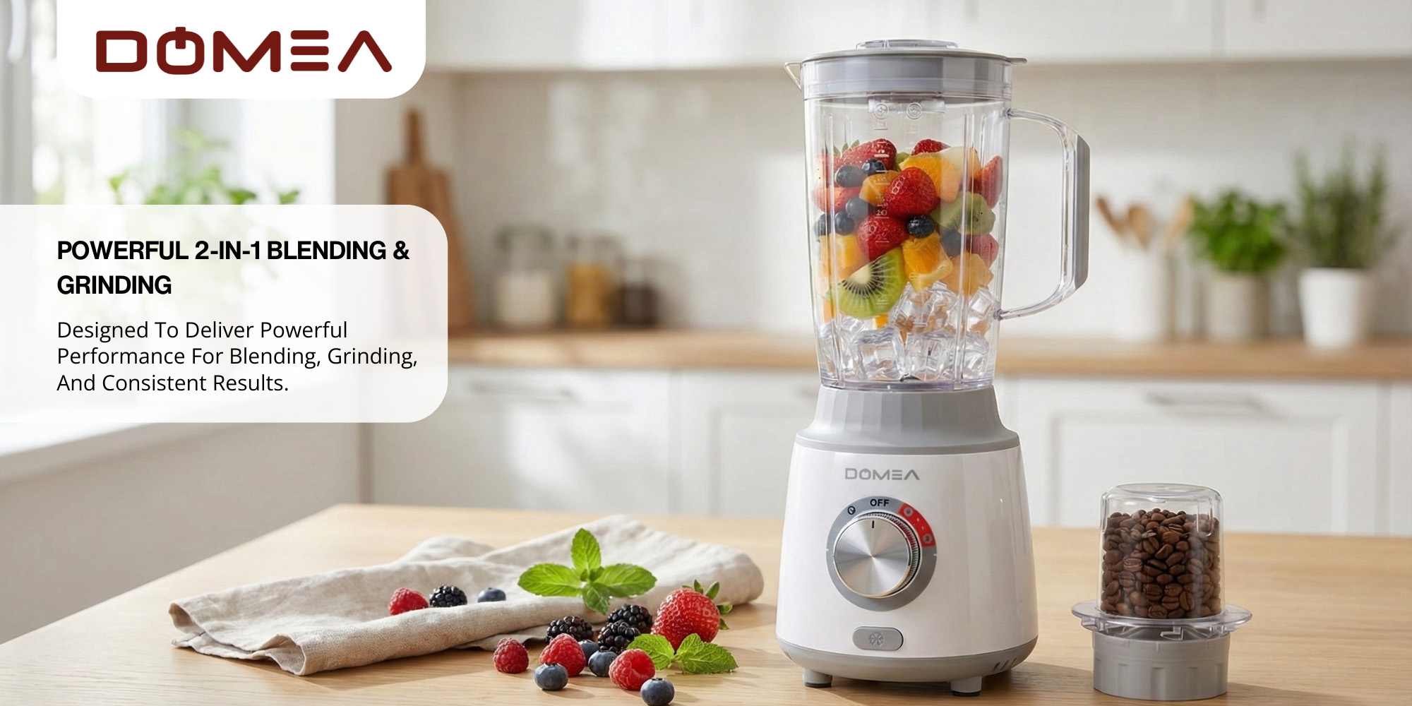 2-in-1 Blender & Grinder, 600W High-Speed Motor, 1.8L Juice Blender Jar + 300 ml Grinder Jar, 2-Speed + Pulse Function, Stainless Steel Blade, Ice Crushing, Coffee Grinding, Countertop Blender
