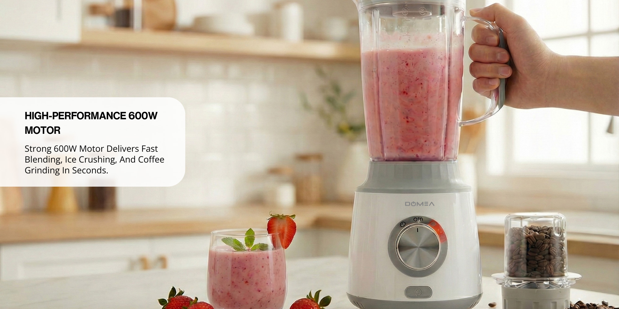 2-in-1 Blender & Grinder, 600W High-Speed Motor, 1.8L Juice Blender Jar + 300 ml Grinder Jar, 2-Speed + Pulse Function, Stainless Steel Blade, Ice Crushing, Coffee Grinding, Countertop Blender