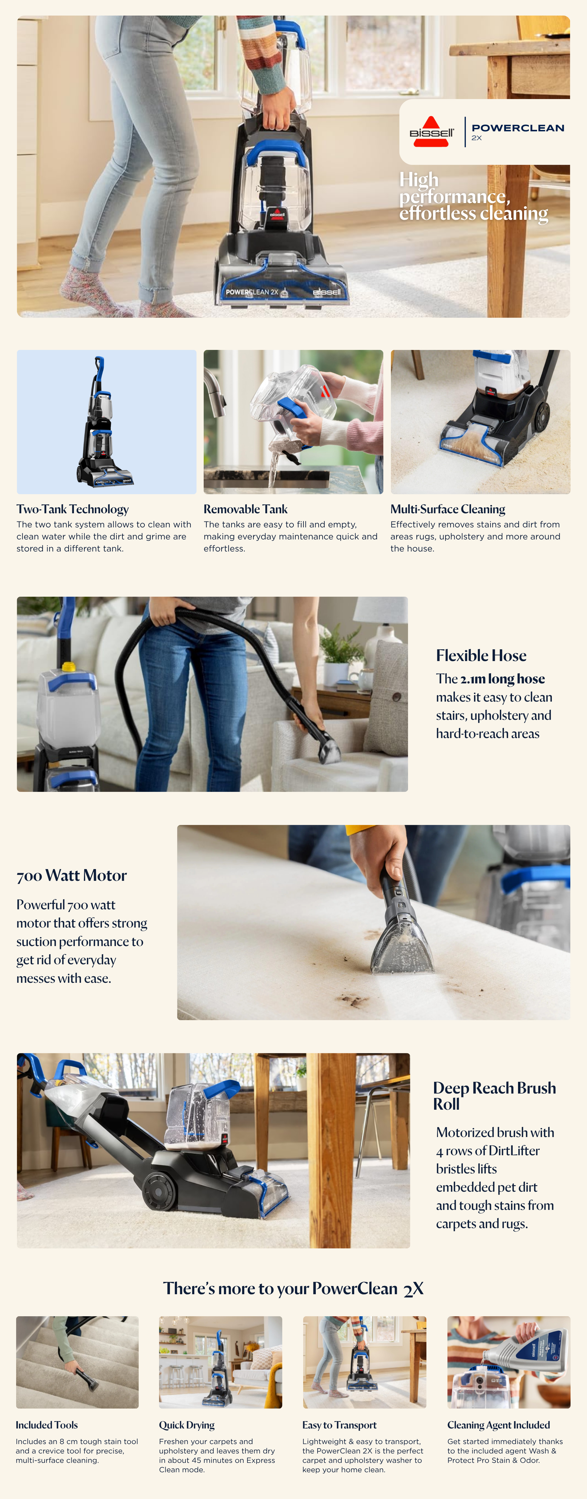 Powerclean 2X Carpet & Upholstery Washer, Powerful Suction, Motorized Brushroll For Deep Cleaning, Ideal For Tough Stains & Tough Messes  suction power 62.5 W- 3.7 L 700 W 3878K Multicolour