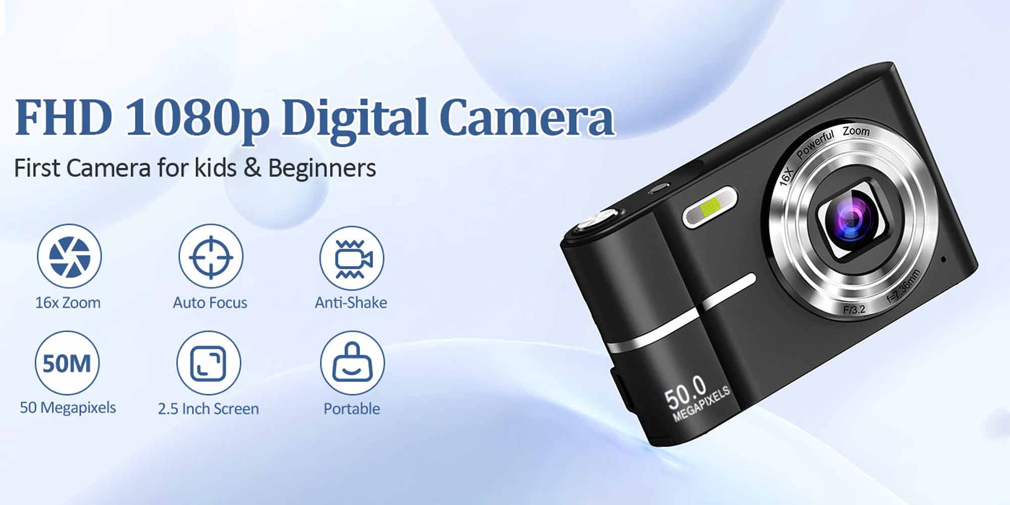 Digital Camera, 50MP Full HD 1080P Camera with 16x Zoom Anti-Shake, Compact Camera for Teens Girls Boys, Kids Camera with 32GB SD Card
