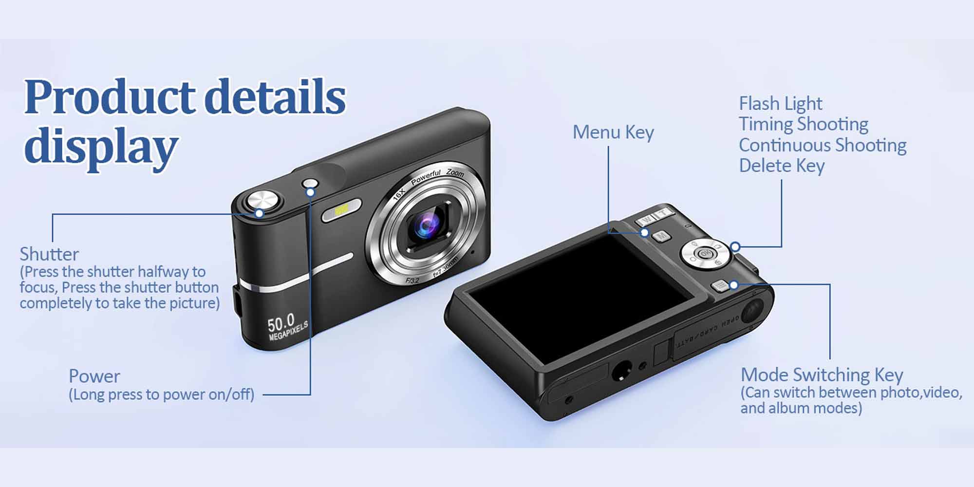 Digital Camera, 50MP Full HD 1080P Camera with 16x Zoom Anti-Shake, Compact Camera for Teens Girls Boys, Kids Camera with 32GB SD Card