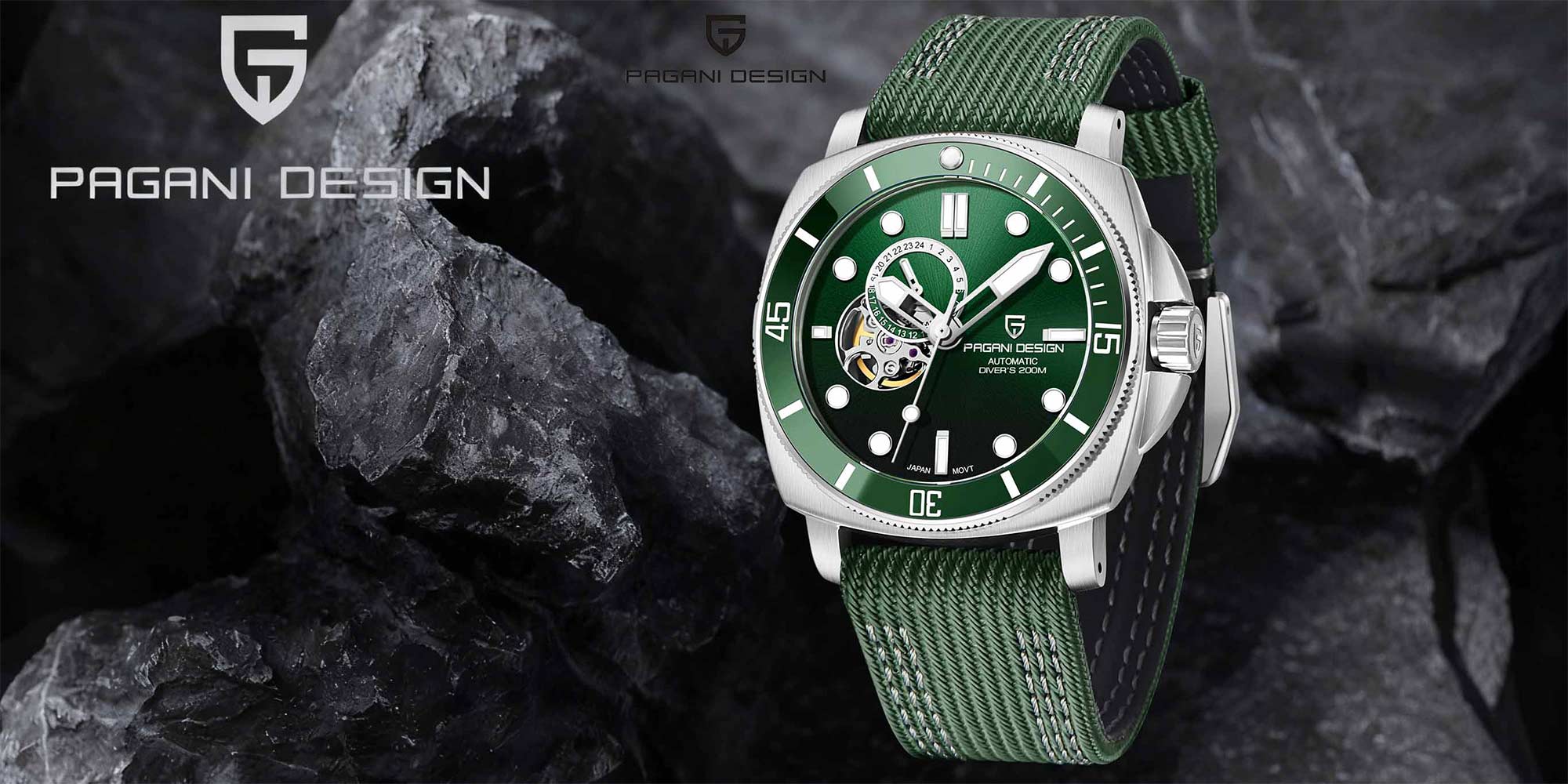 New Men's Mechanical Automatic Watches, Stainless Steel Frame, Equipped With Sapphire Glass Surface, Imported NH39 Movement, Silver-Green Dial With Green Nylon Strap, Fashionable And Luxurious PD1736