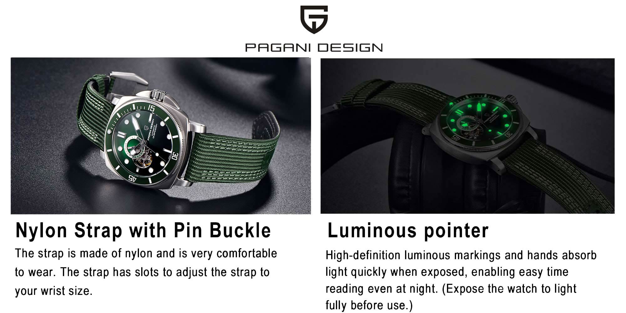 New Men's Mechanical Automatic Watches, Stainless Steel Frame, Equipped With Sapphire Glass Surface, Imported NH39 Movement, Silver-Green Dial With Green Nylon Strap, Fashionable And Luxurious PD1736