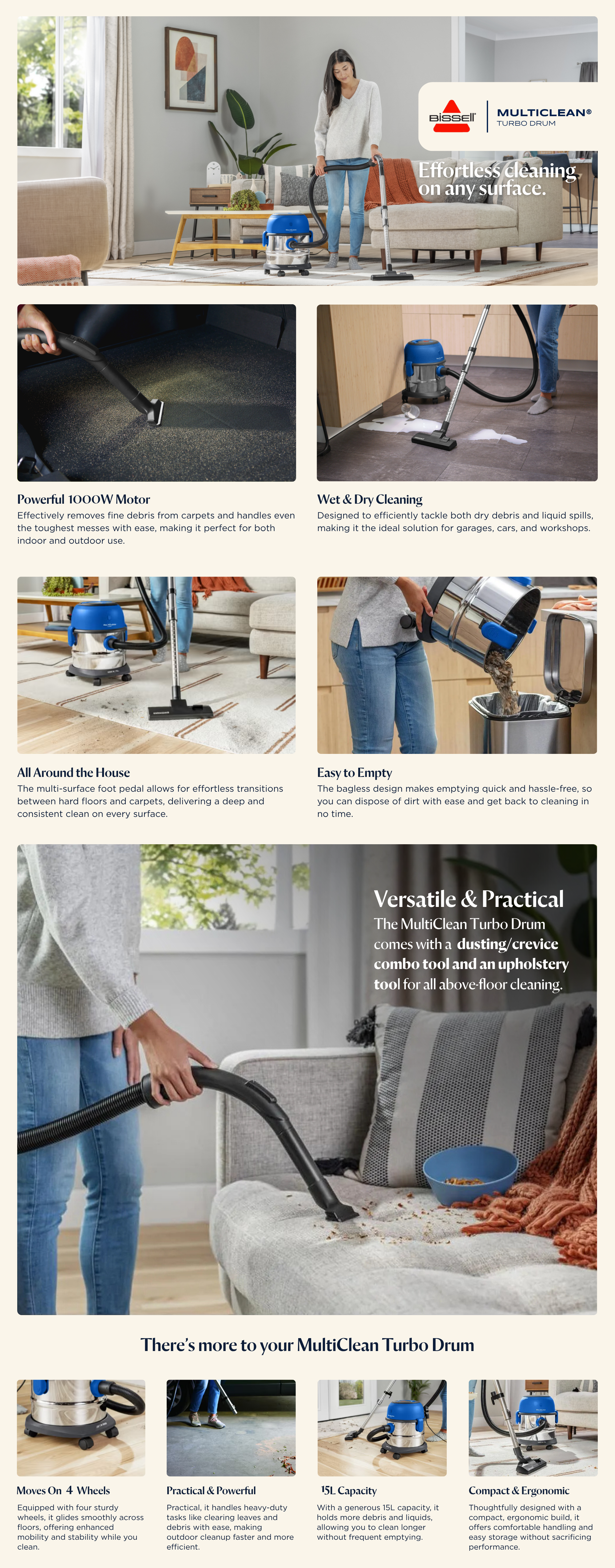 Multiclean Turbo Drum 4113 Vacuum Cleaner With Powerful Motor Canister, Wet & Dry Multi-Surface Cleaning, 15L Tank, 1000W, 32.5 × 35.5 × 50.5 Cm | 2-Year Warranty 1000 W 4113 Grey / Mambo Blue