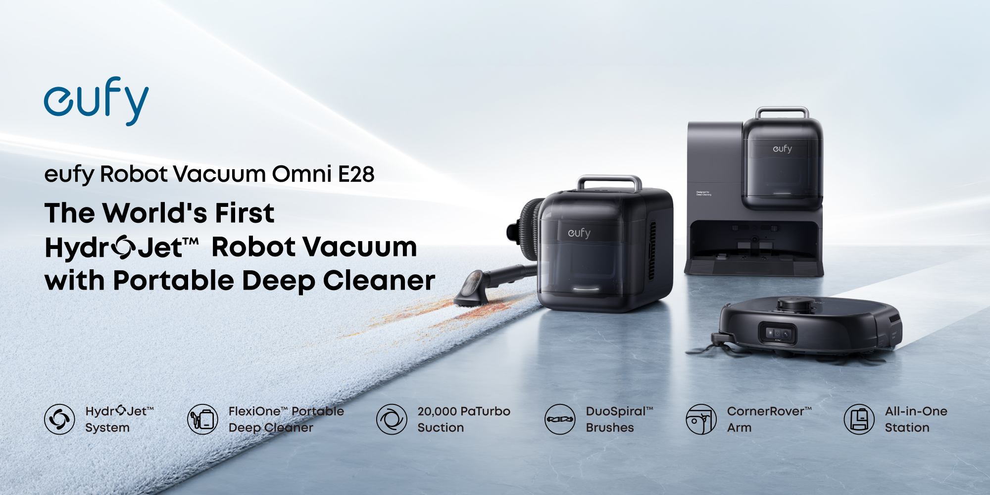 eufy Robot Vacuum Omni E28, HydroJet™ System, Portable Deep Cleaner, Turbo Suction, DuoSpiral™ Detangle Brushes, CornerRover™ Arm 40 W T2352V11 black