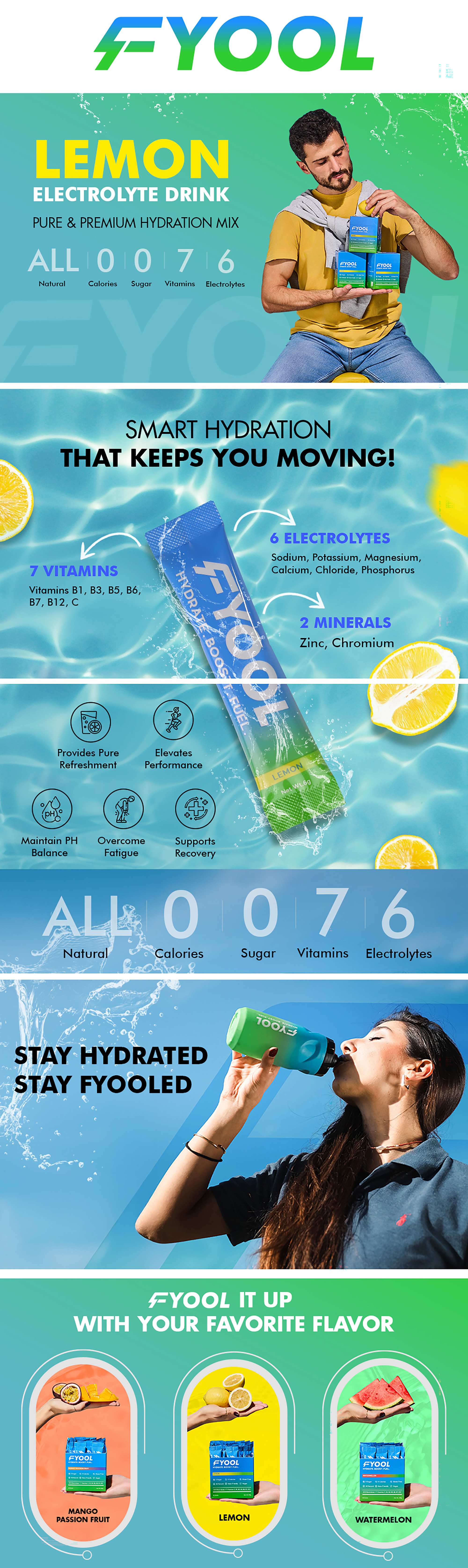 Fyool Hydration Electrolyte Powder| Electrolytes + Vitamins & Minerals | Zero Sugar & Calories | Energy Boost | Gluten-Free | Travel Essentials | Lemon Flavor | 30 Stick Packs