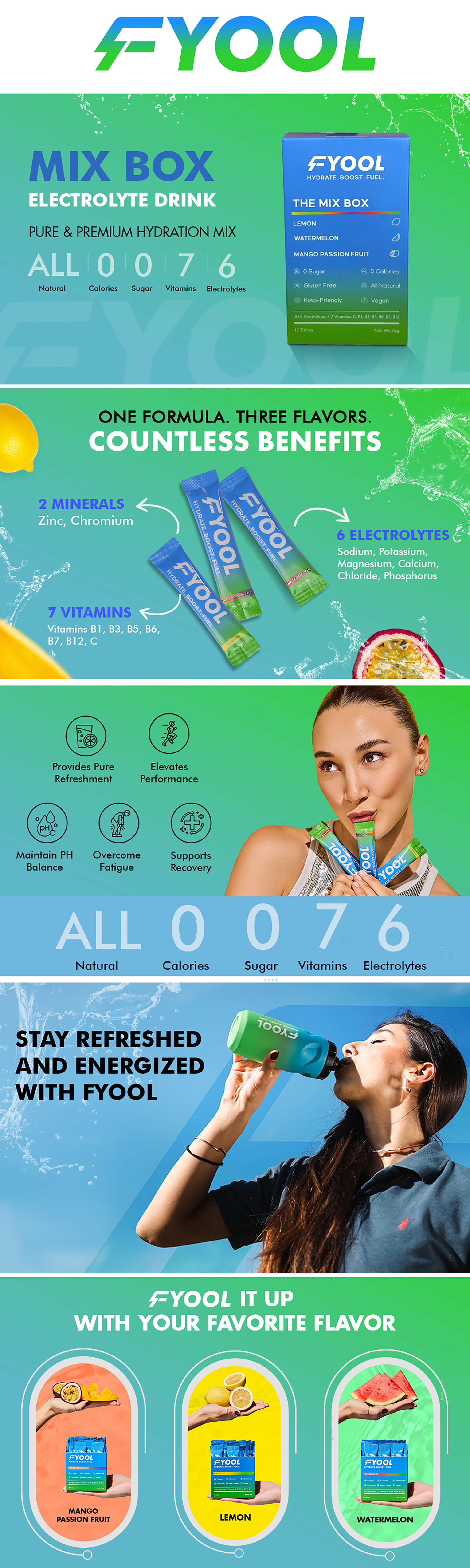 Fyool Electrolyte Powder Combo | Lemon, Watermelon & Mango Passion Fruit | Zero Sugar | Calories Electrolytes + Vitamins | Minerals Hydration & Energy Boost Vegan | Gluten-Free | Travel Essentials | 30 Stick Packs