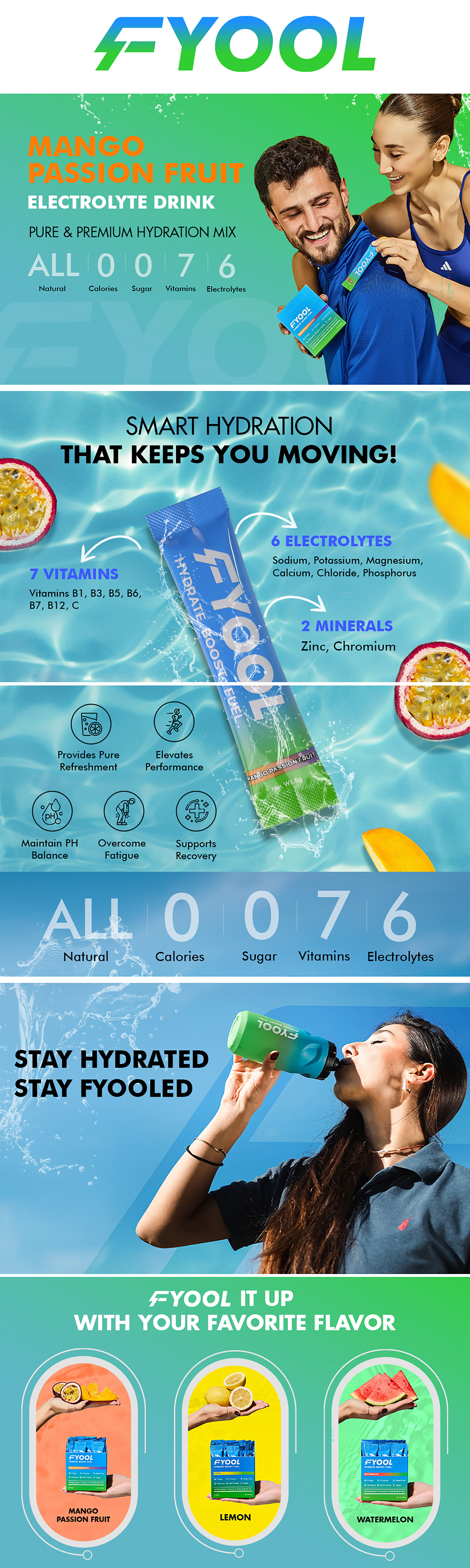 Fyool Hydration Electrolyte Powder| Electrolytes + Vitamins & Minerals | Zero Sugar & Calories | Energy Boost | Gluten-Free | Travel Essentials | Mango Passion Fruit Flavor | 30 Stick Packs