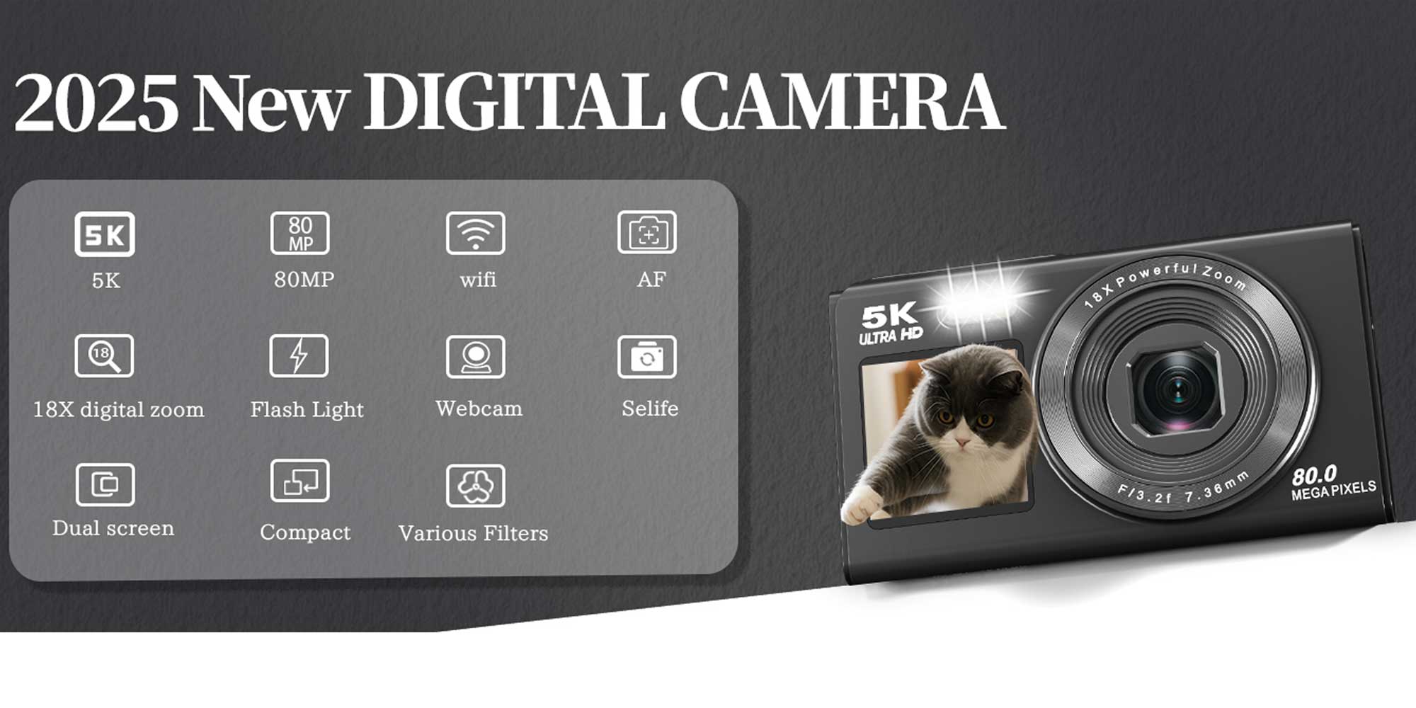 5K dual-screen digital camera, 18x digital zoom, suitable for teenage Vlog shooting, 80MP portable beginner camera, with 32GB memory card included
