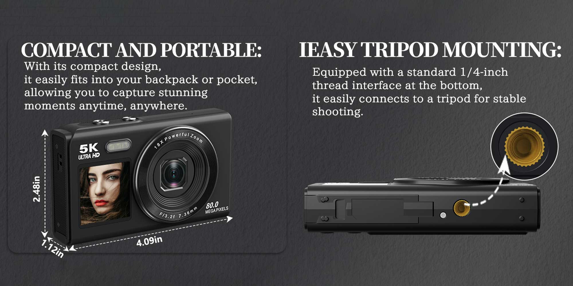 5K dual-screen digital camera, 18x digital zoom, suitable for teenage Vlog shooting, 80MP portable beginner camera, with 32GB memory card included