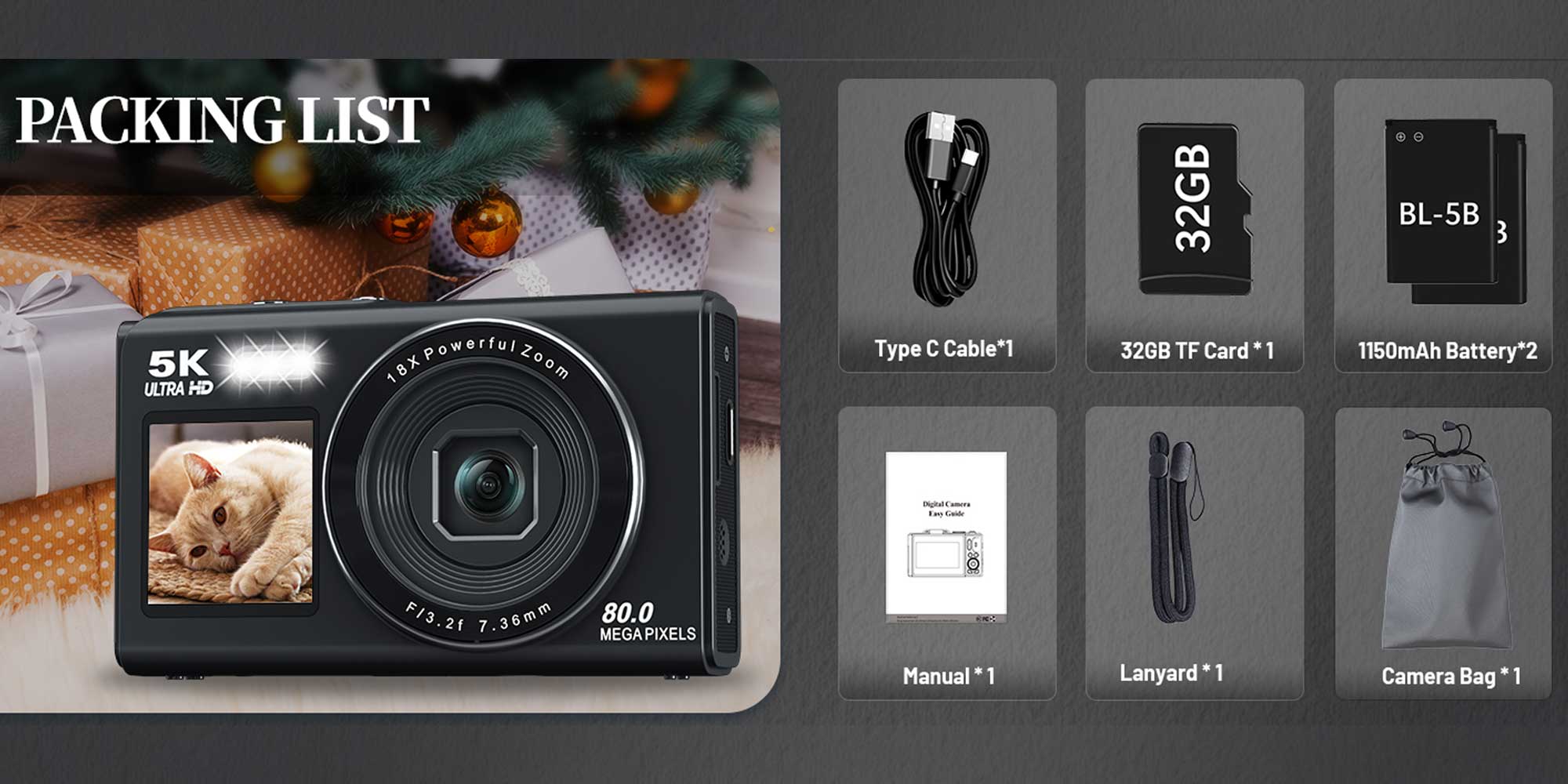 5K dual-screen digital camera, 18x digital zoom, suitable for teenage Vlog shooting, 80MP portable beginner camera, with 32GB memory card included