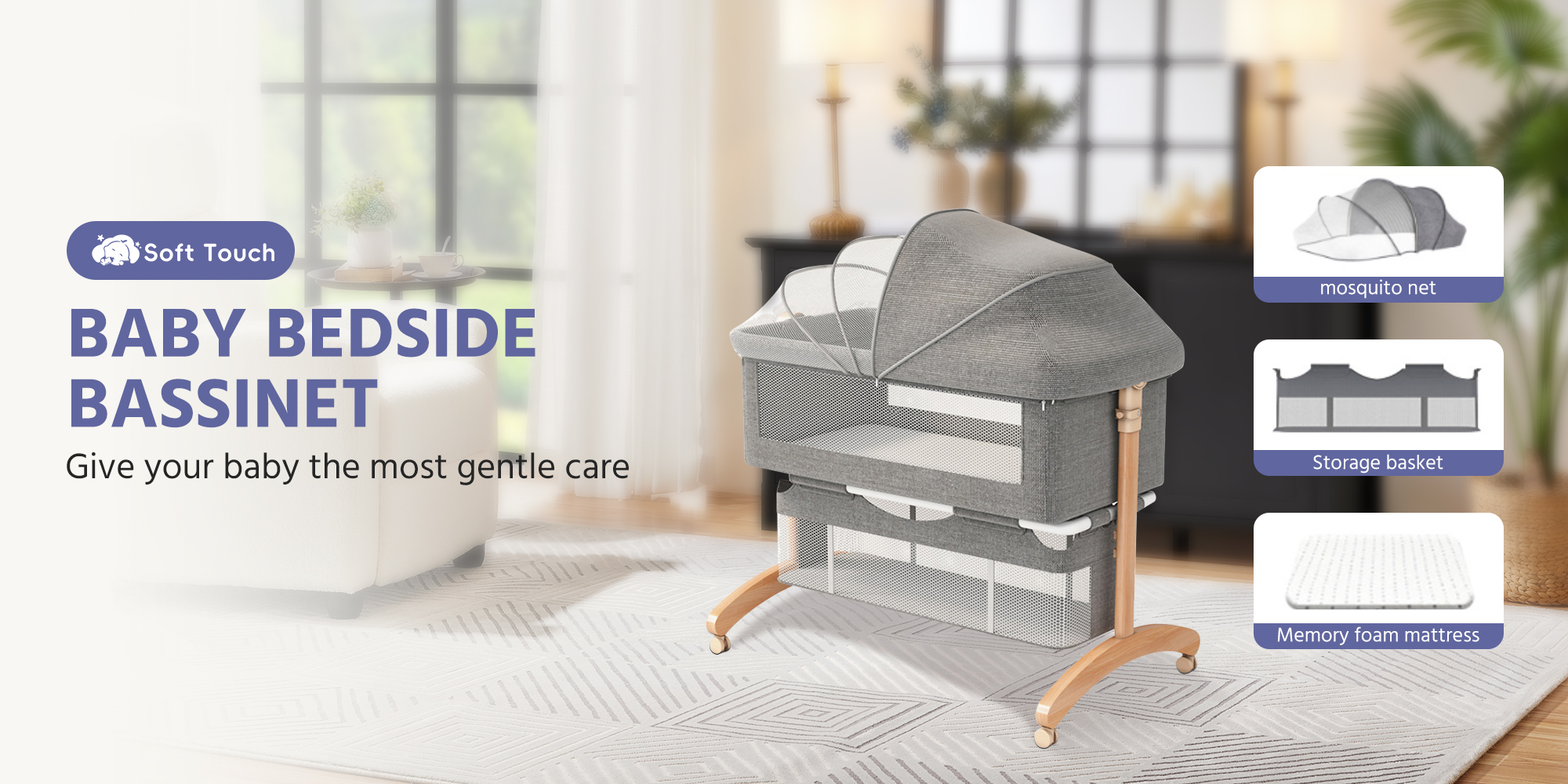 Baby Bedside Bassinet Toddler Bedside Crib with Wheels and Storage Basket Bedside Sleeper for Newborn Foldable Baby Crib with Mosquito Net and Adjustable Heigt for 0-3 Years Old Toddler