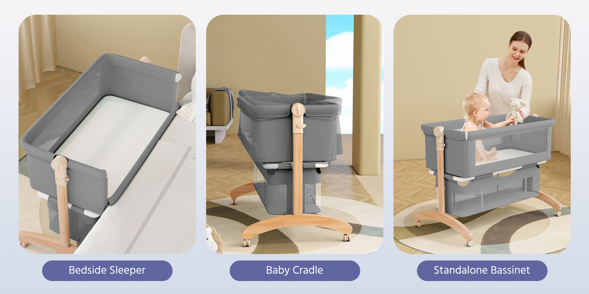 Baby Bedside Bassinet Toddler Bedside Crib with Wheels and Storage Basket Bedside Sleeper for Newborn Foldable Baby Crib with Mosquito Net and Adjustable Heigt for 0-3 Years Old Toddler