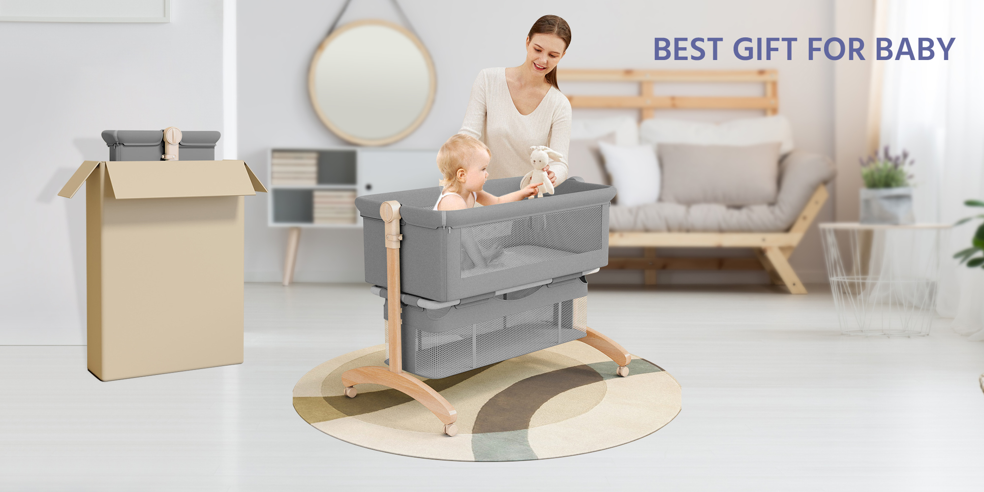 Baby Bedside Bassinet Toddler Bedside Crib with Wheels and Storage Basket Bedside Sleeper for Newborn Foldable Baby Crib with Mosquito Net and Adjustable Heigt for 0-3 Years Old Toddler