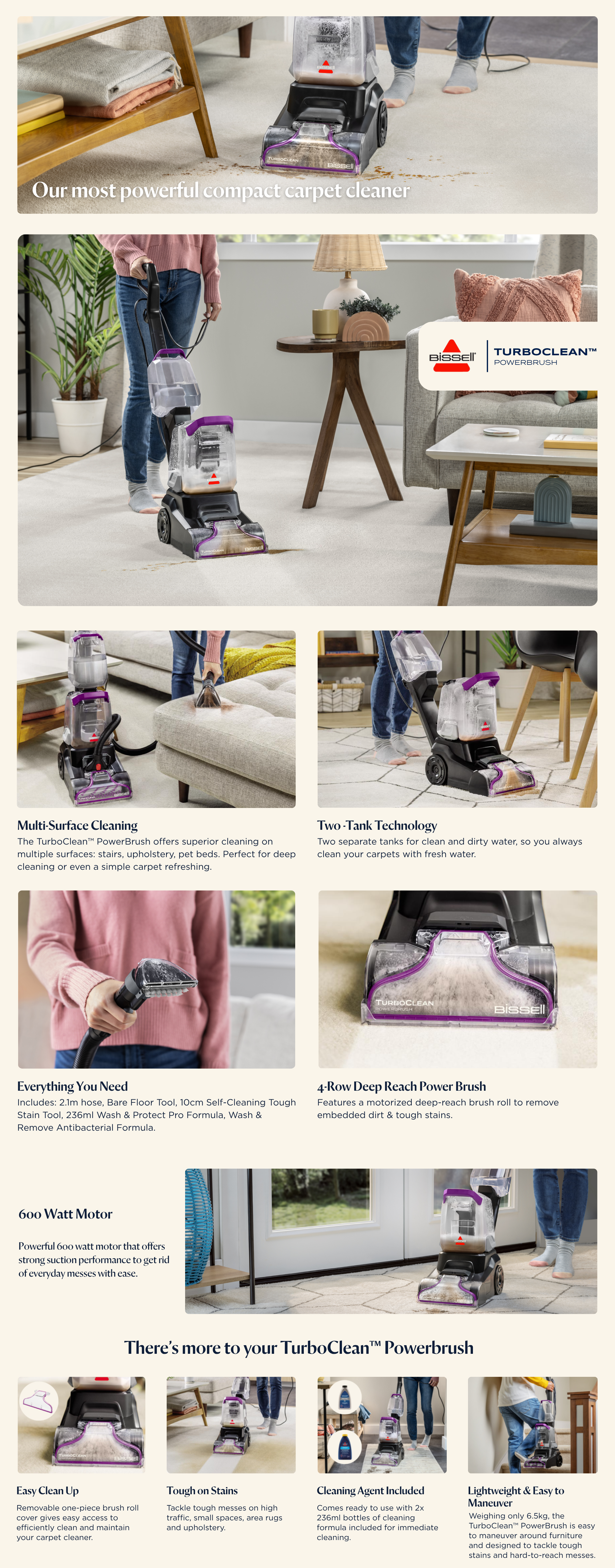 TurboClean PowerBrush 4085K – Carpet Cleaner with 4-Row Brushroll, Powerful Suction, 2.1m Hose & 10cm Stain Tool, Compact, Lightweight with Wash & Protect Pro Solution | 2-Year Warranty 600 W 4058K Purple