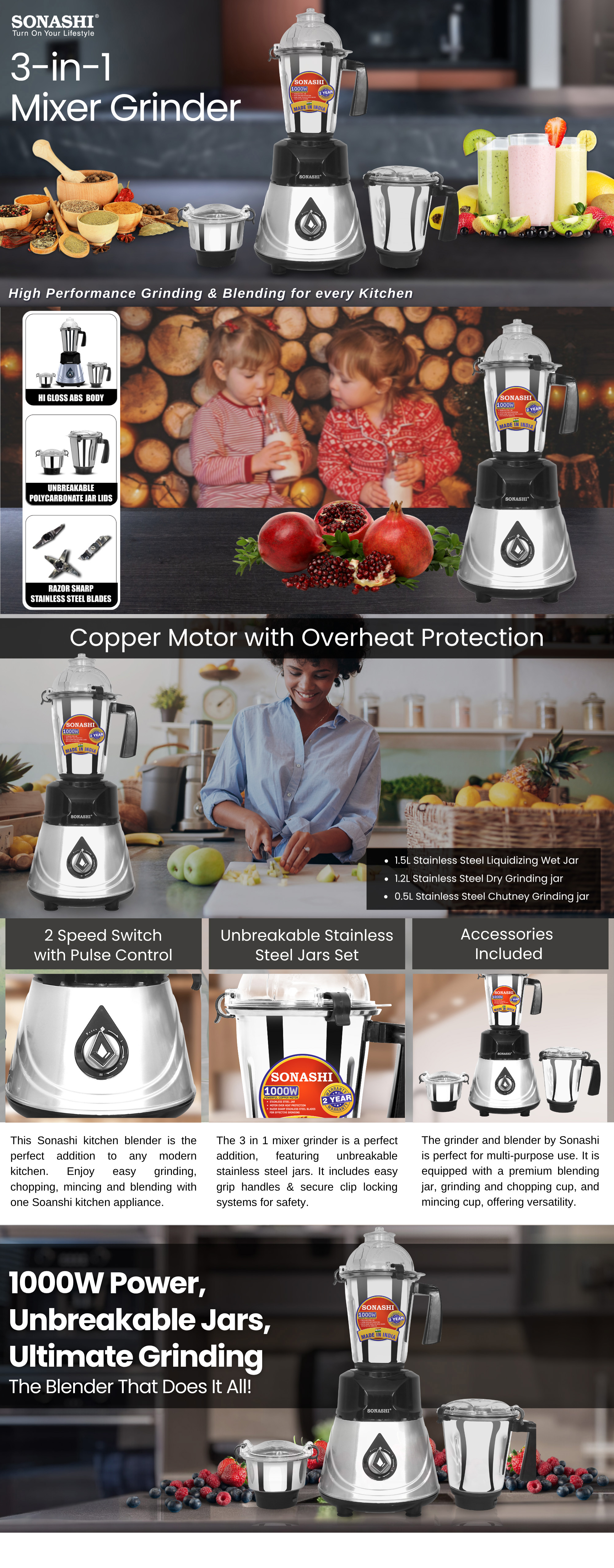 3-in-1 Mixer Grinder with 3 Stainless Steel Jars & Sharp Blades 1000W, Motor Overheat Protection, 3 Speeds + Pulse, Safety Lock, ABS Body, Liquidizing, Dry & Chutney Jars Included, SB-208 1.5 L 1000 W SB-208 silver