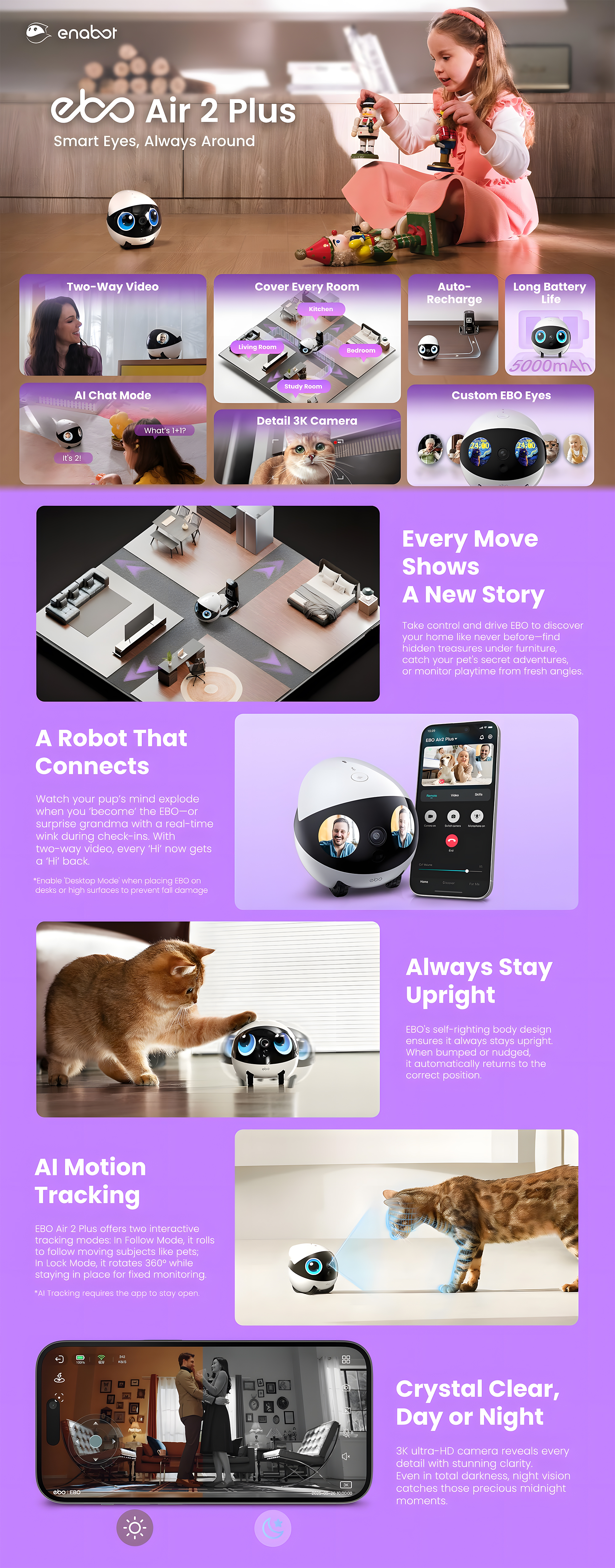 Enabot  2K Camera Robot ROLA Mini: Movable Pet Camera Battery-Powered with Phone App, Indoor Cam w/One-Touch Call, 2-Way Talk, Night Vision, Motion Detection, Video Recording