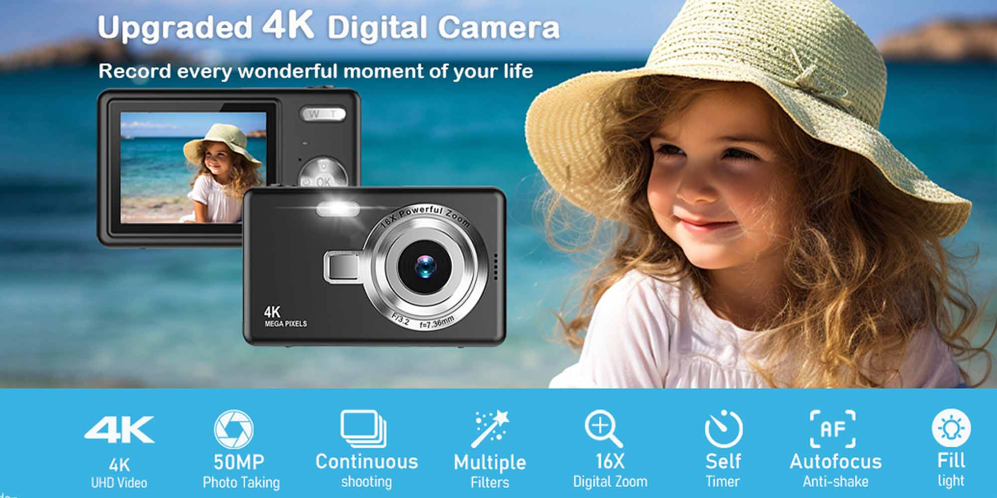 4K Digital Camera | Anti-Shake Camcorder | 16x Optical Zoom | 1080P HD Video | 32GB TF Card | Portable Black Point-and-Shoot Camera
