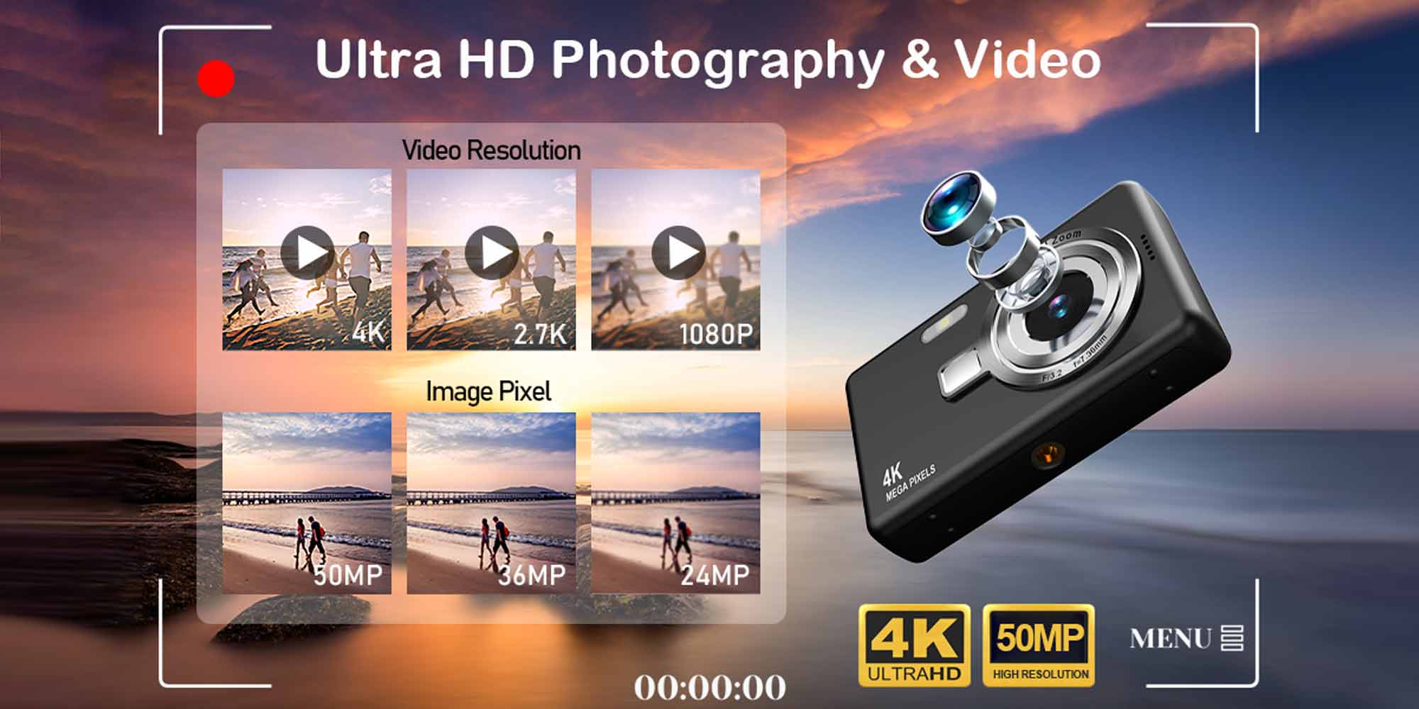 4K Digital Camera | Anti-Shake Camcorder | 16x Optical Zoom | 1080P HD Video | 32GB TF Card | Portable Black Point-and-Shoot Camera