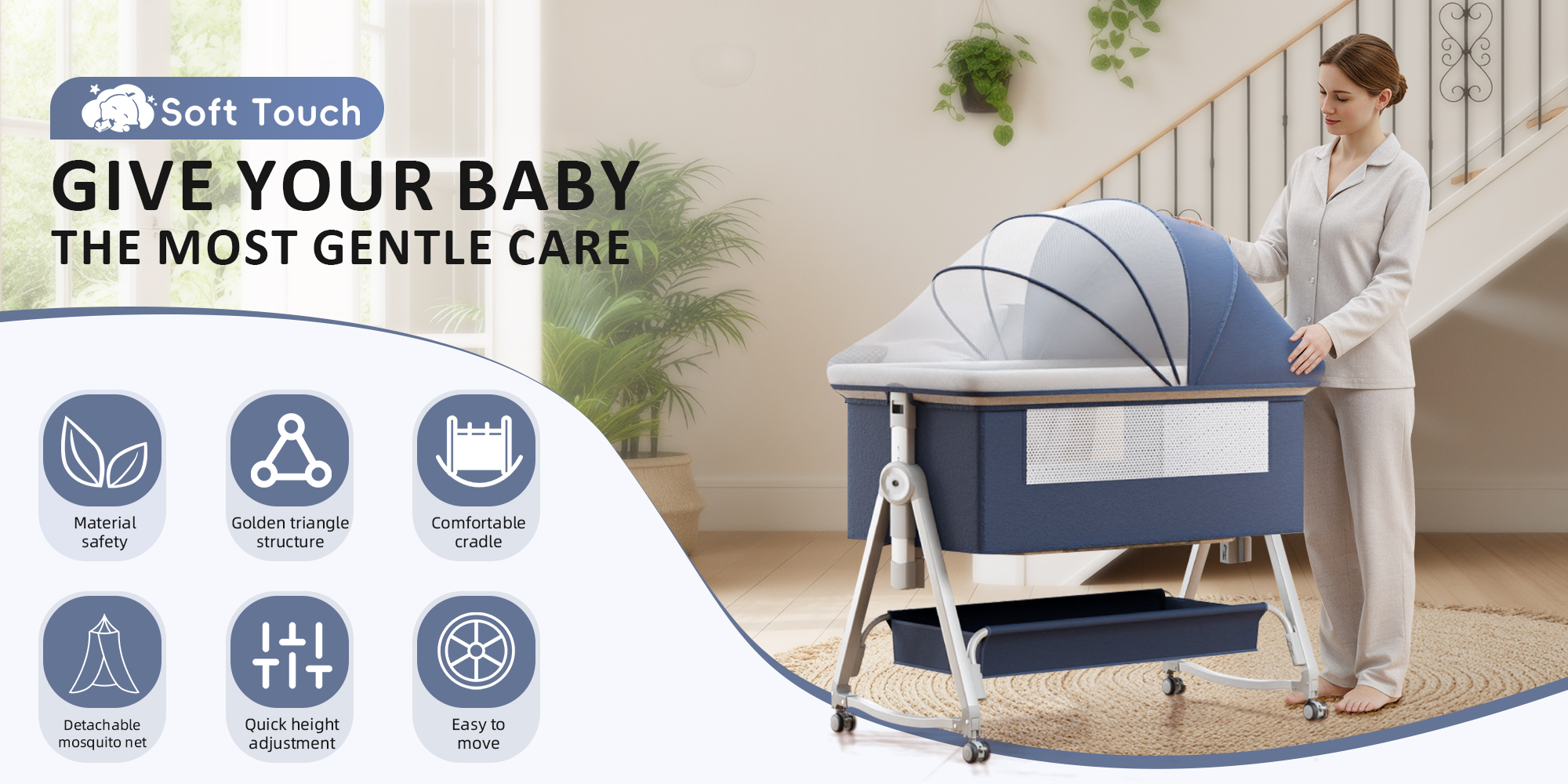 Baby Bassinet Bedside Sleeper, Baby Crib, Easy Folding Portable Baby Sleeping Bed, Rocking Bassinets with Mattress Mosquito Net for Infant Newborn (Blue)