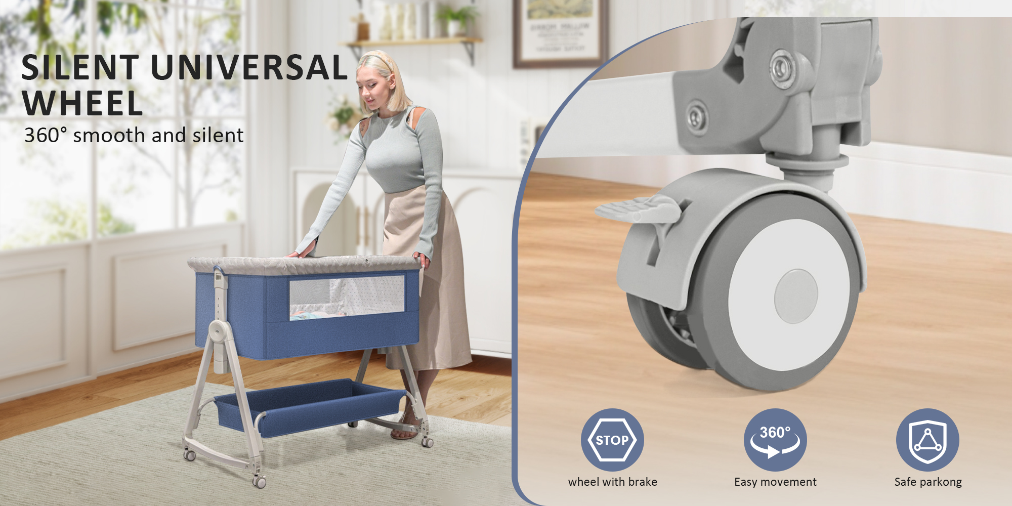 Baby Bassinet Bedside Sleeper, Baby Crib, Easy Folding Portable Baby Sleeping Bed, Rocking Bassinets with Mattress Mosquito Net for Infant Newborn (Blue)