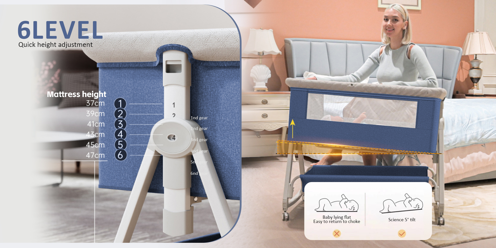 Baby Bassinet Bedside Sleeper, Baby Crib, Easy Folding Portable Baby Sleeping Bed, Rocking Bassinets with Mattress Mosquito Net for Infant Newborn (Blue)