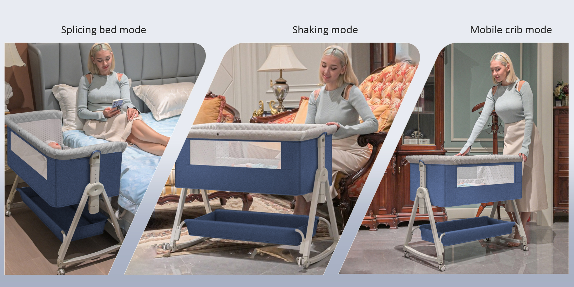 Baby Bassinet Bedside Sleeper, Baby Crib, Easy Folding Portable Baby Sleeping Bed, Rocking Bassinets with Mattress Mosquito Net for Infant Newborn (Blue)