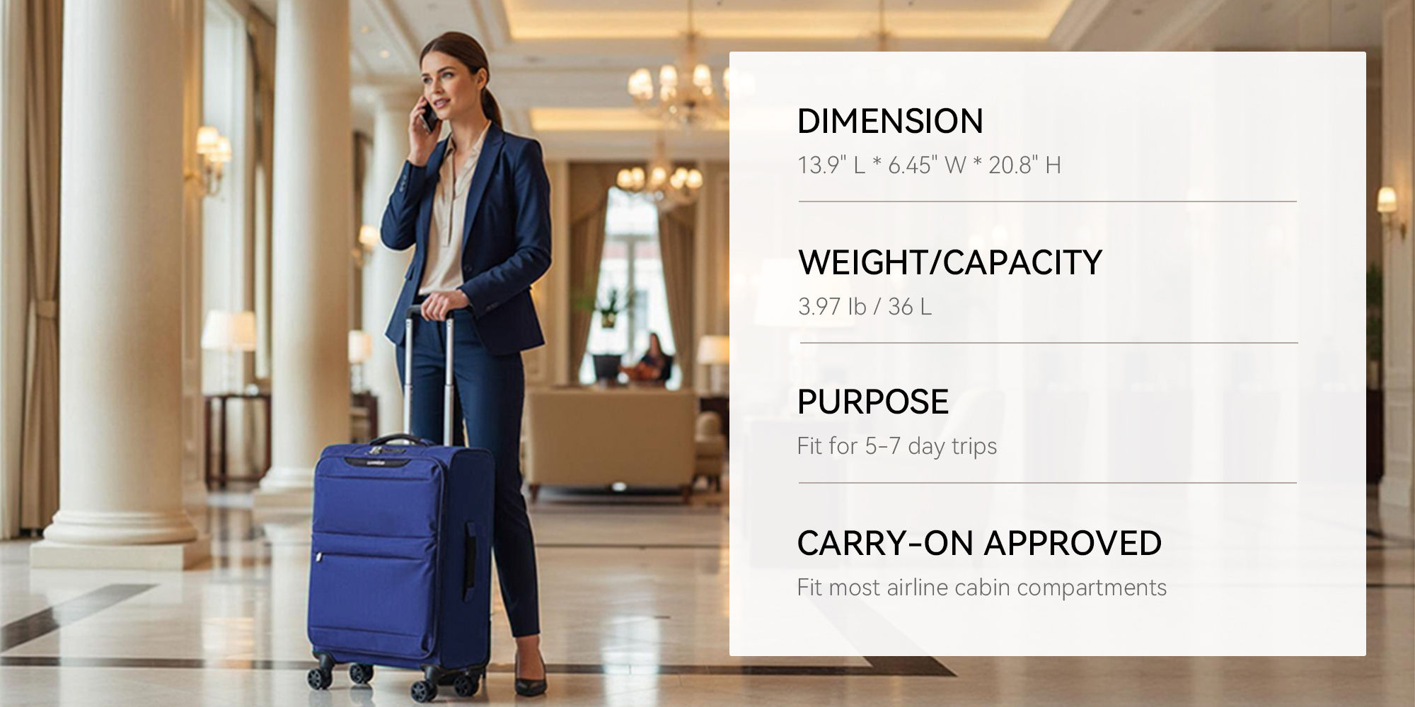 6947 cabin size Suitcase carry on Suitcase soft spinner luggage 20inch with TSA lock waterproof zipper travel case Navy color ultra-light case