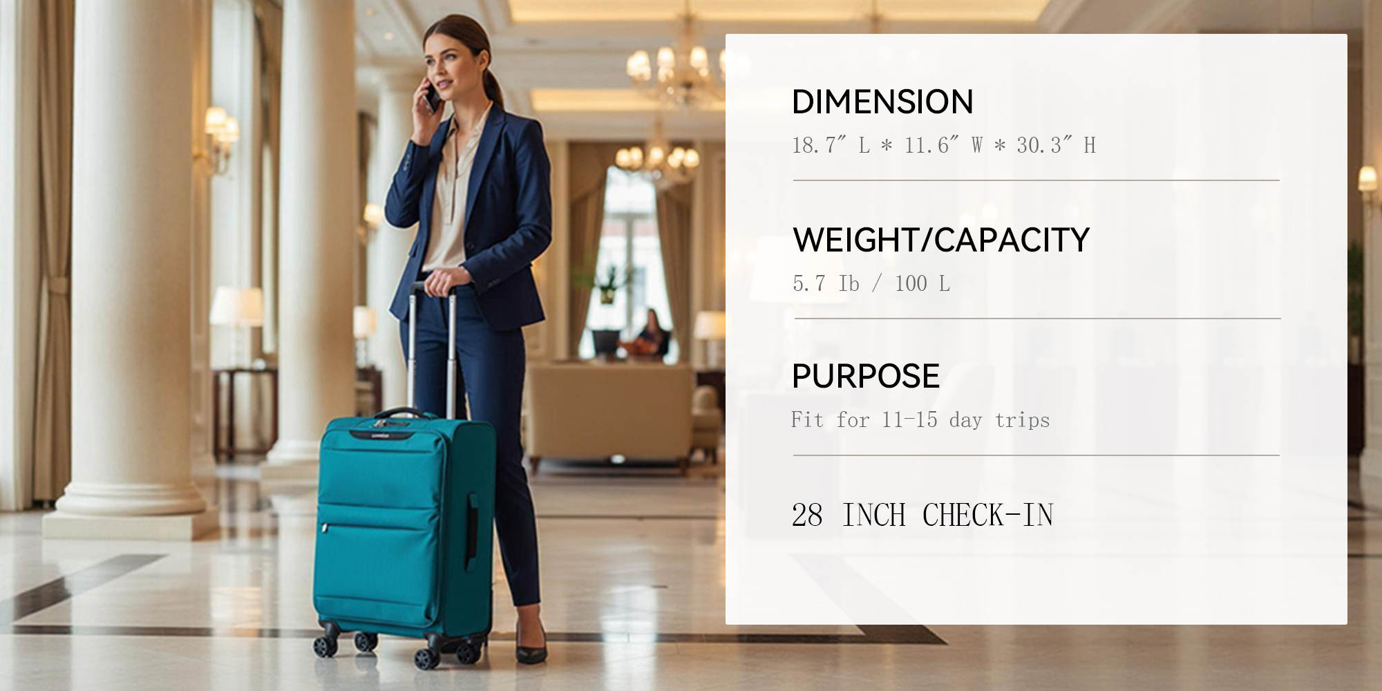 6947 large size Suitcase check in Suitcase soft spinner luggage 28inch with TSA lock waterproof zipper travel case Turquoise color ultra-light case with half expandable