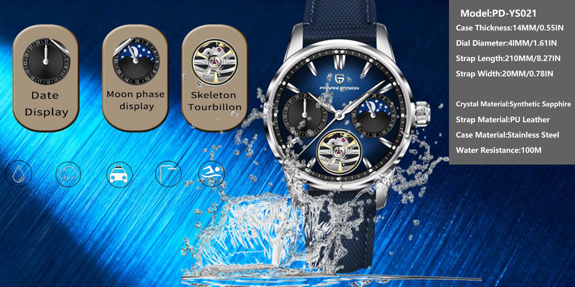 New Men's Business Mechanical Watch, 41mm Waterproof Stainless Steel Case, Imported Automatic Movement, Dynamic Gyro Dial, Luminous Hands, High-End Quality PD YS021