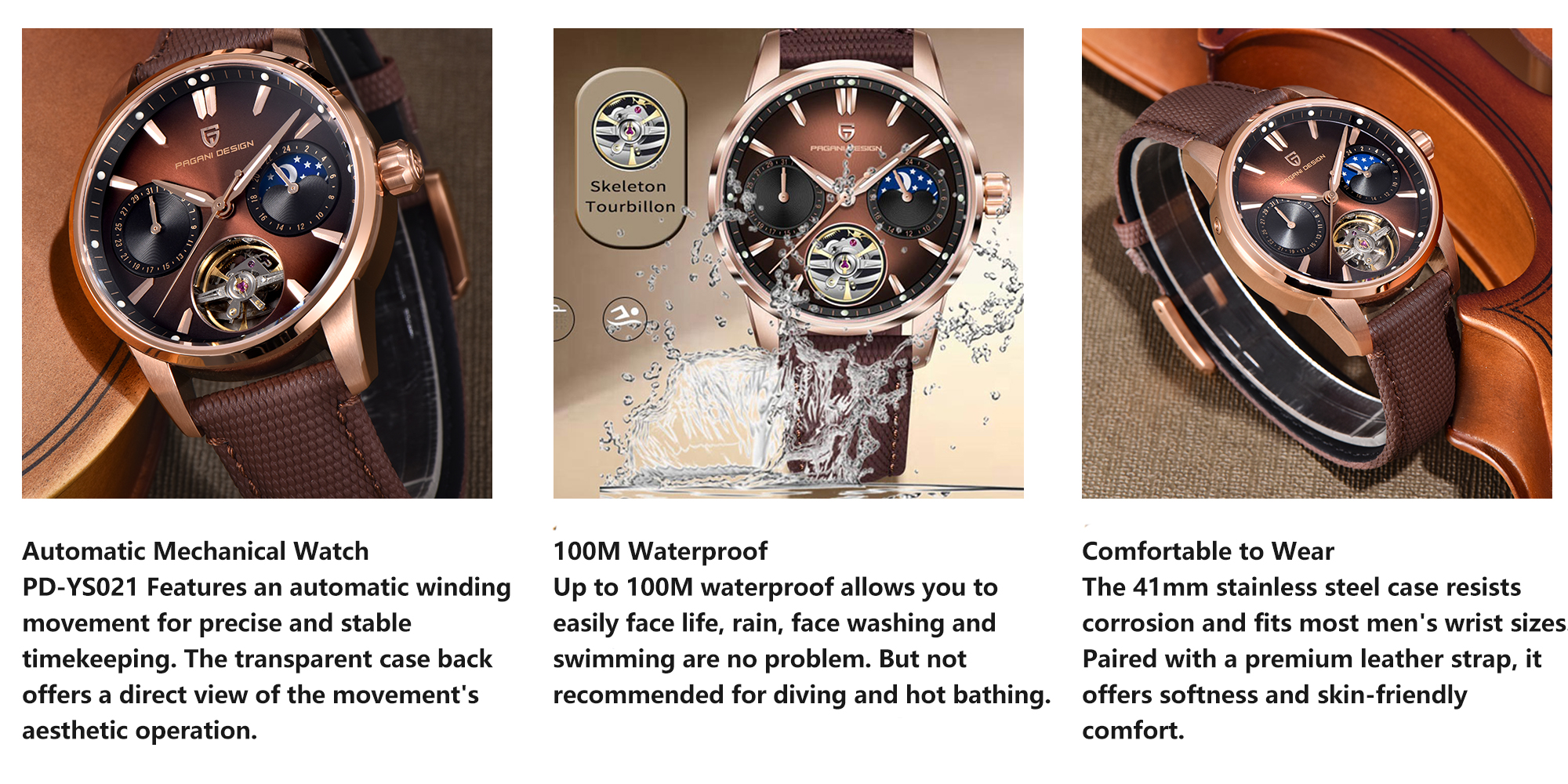 New Men's Business Mechanical Watch, 41mm Waterproof Stainless Steel Case, Imported Automatic Movement, Dynamic Gyro Dial, Luminous Hands, High-End Quality PD YS021