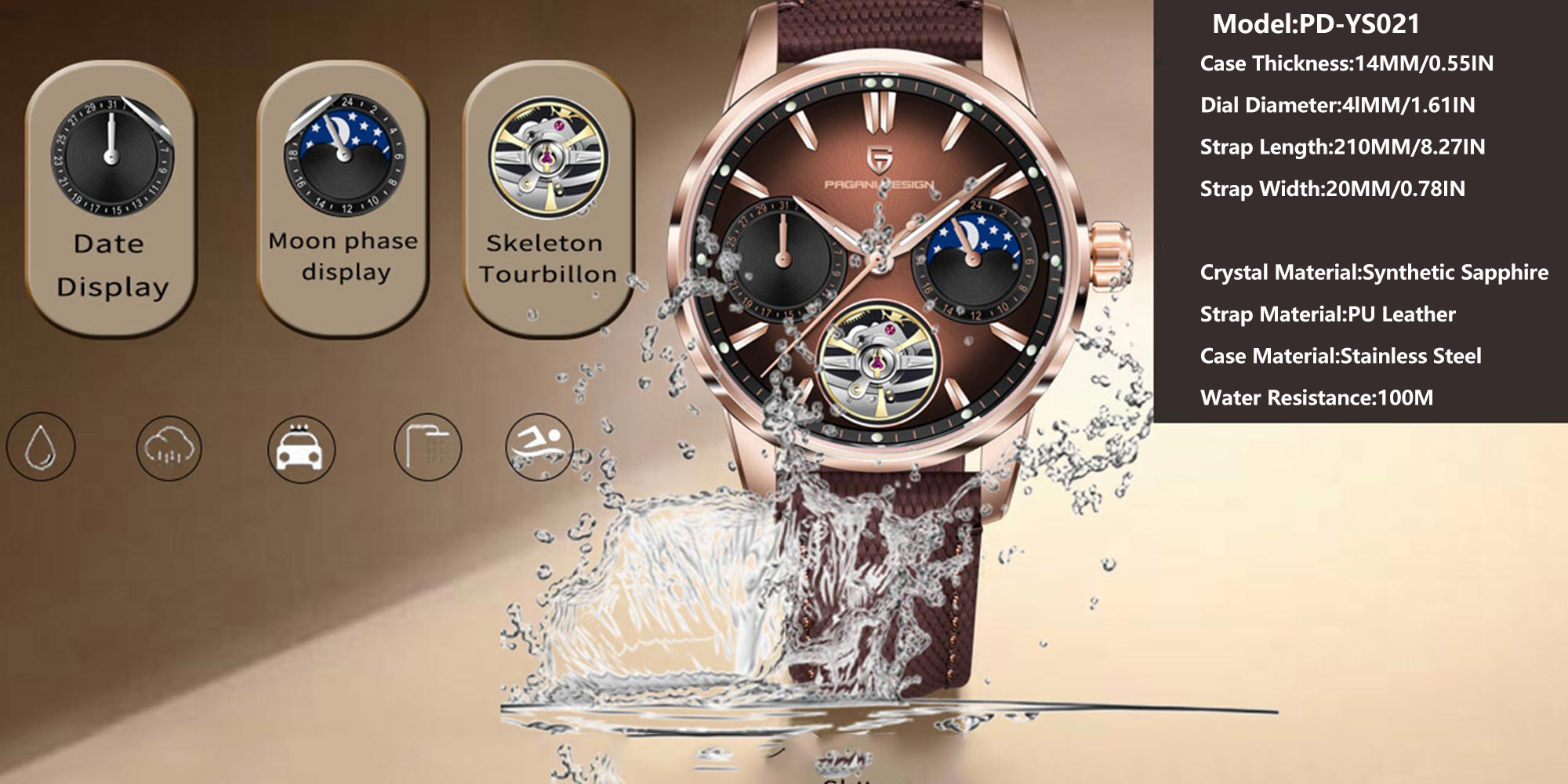 New Men's Business Mechanical Watch, 41mm Waterproof Stainless Steel Case, Imported Automatic Movement, Dynamic Gyro Dial, Luminous Hands, High-End Quality PD YS021