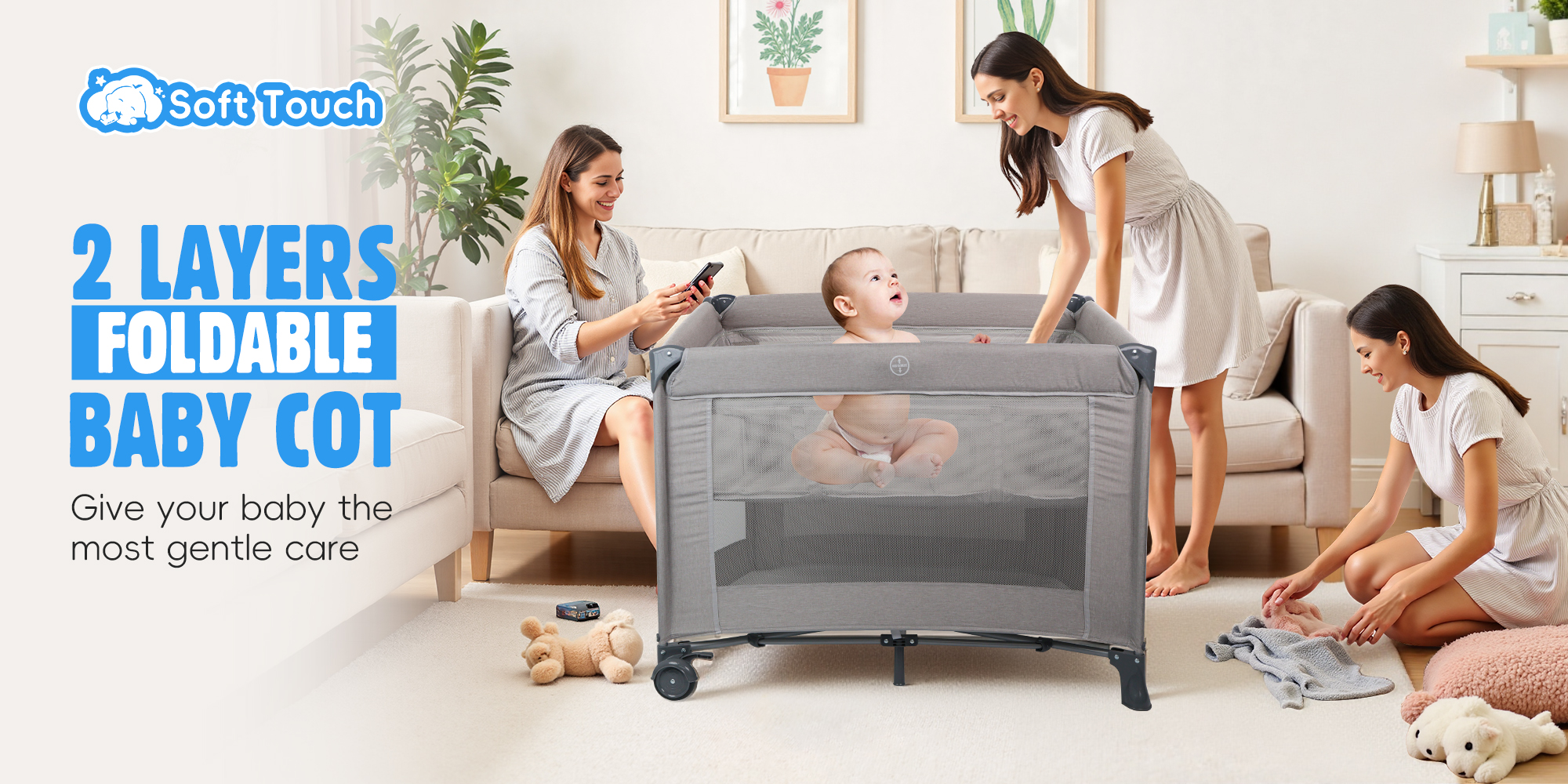 2 In 1 Baby Crib, Portable Toddler Playard, Foldable Baby Cot Travel Crib, Featuring Breathable Mesh Sides, Nursery Center for Infant with Carry Bag (Grey)