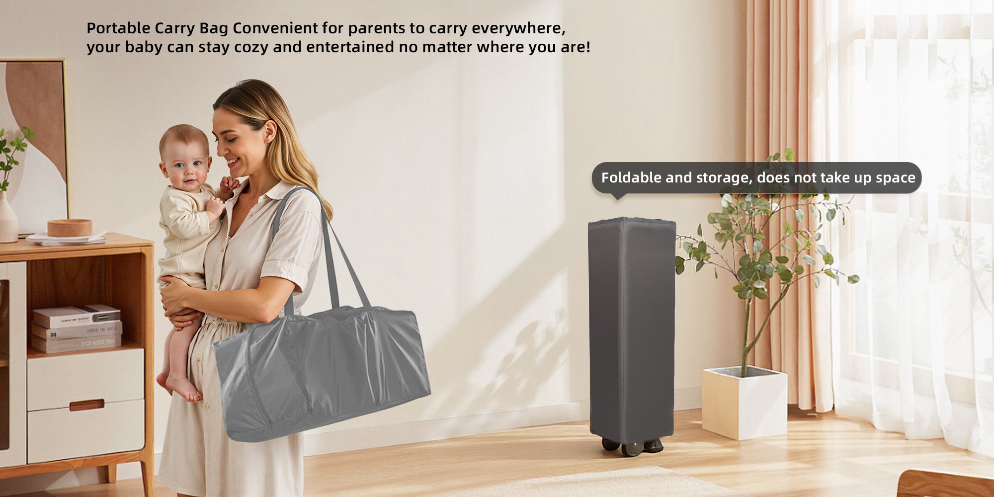 2 In 1 Baby Crib, Portable Toddler Playard, Foldable Baby Cot Travel Crib, Featuring Breathable Mesh Sides, Nursery Center for Infant with Carry Bag (Grey)