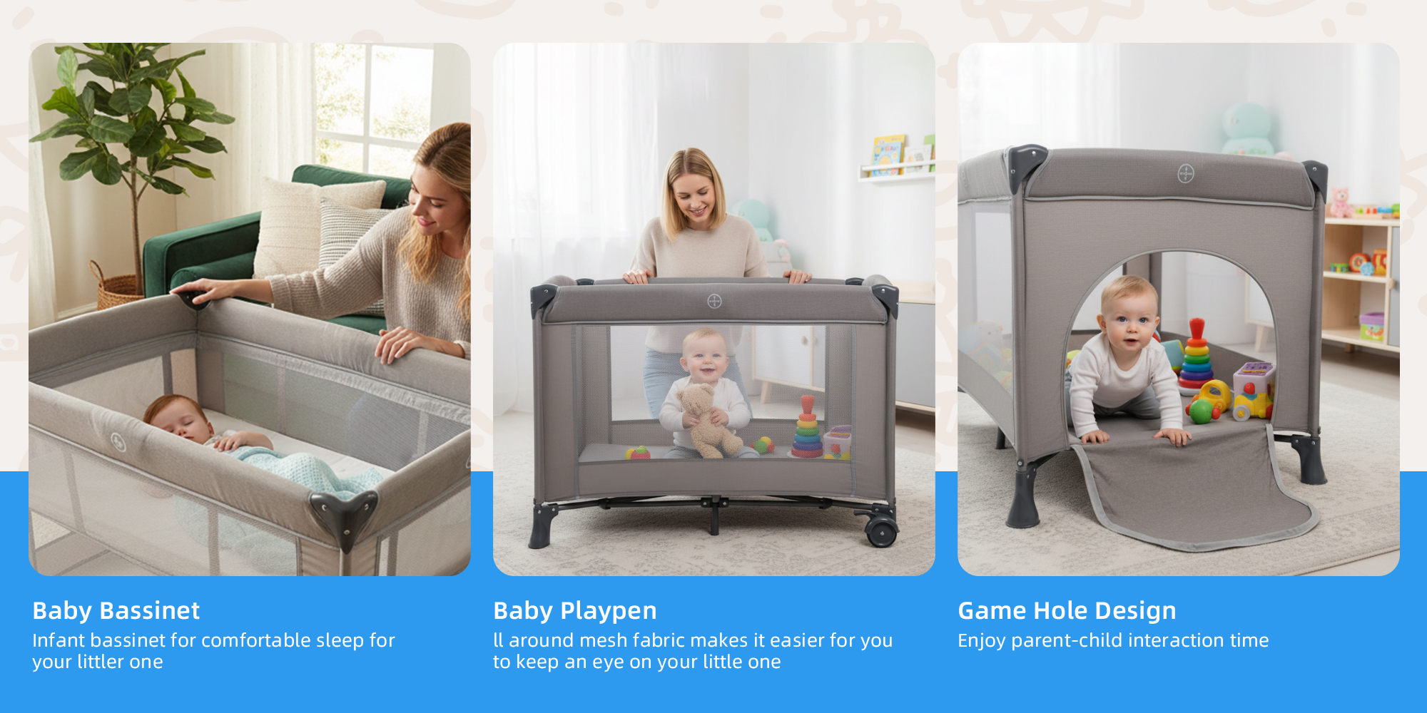 2 In 1 Baby Crib, Portable Toddler Playard, Foldable Baby Cot Travel Crib, Featuring Breathable Mesh Sides, Nursery Center for Infant with Carry Bag (Grey)