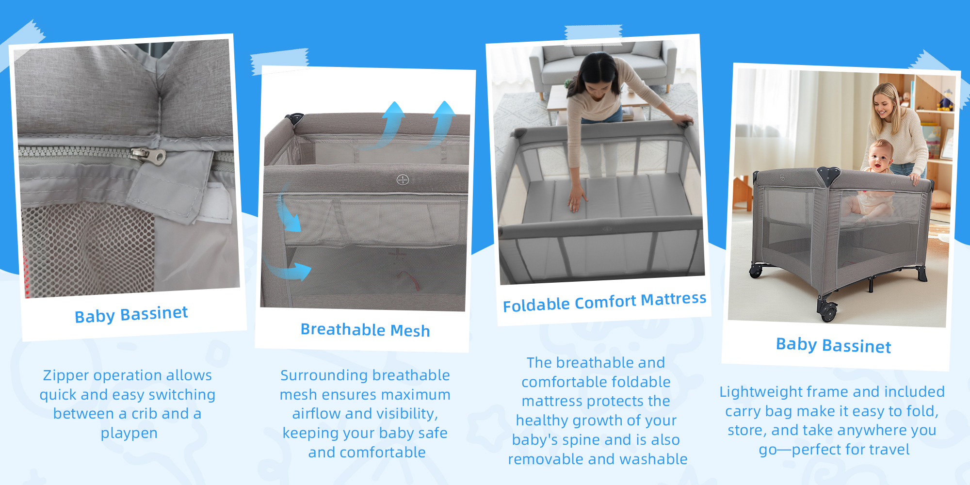 2 In 1 Baby Crib, Portable Toddler Playard, Foldable Baby Cot Travel Crib, Featuring Breathable Mesh Sides, Nursery Center for Infant with Carry Bag (Grey)